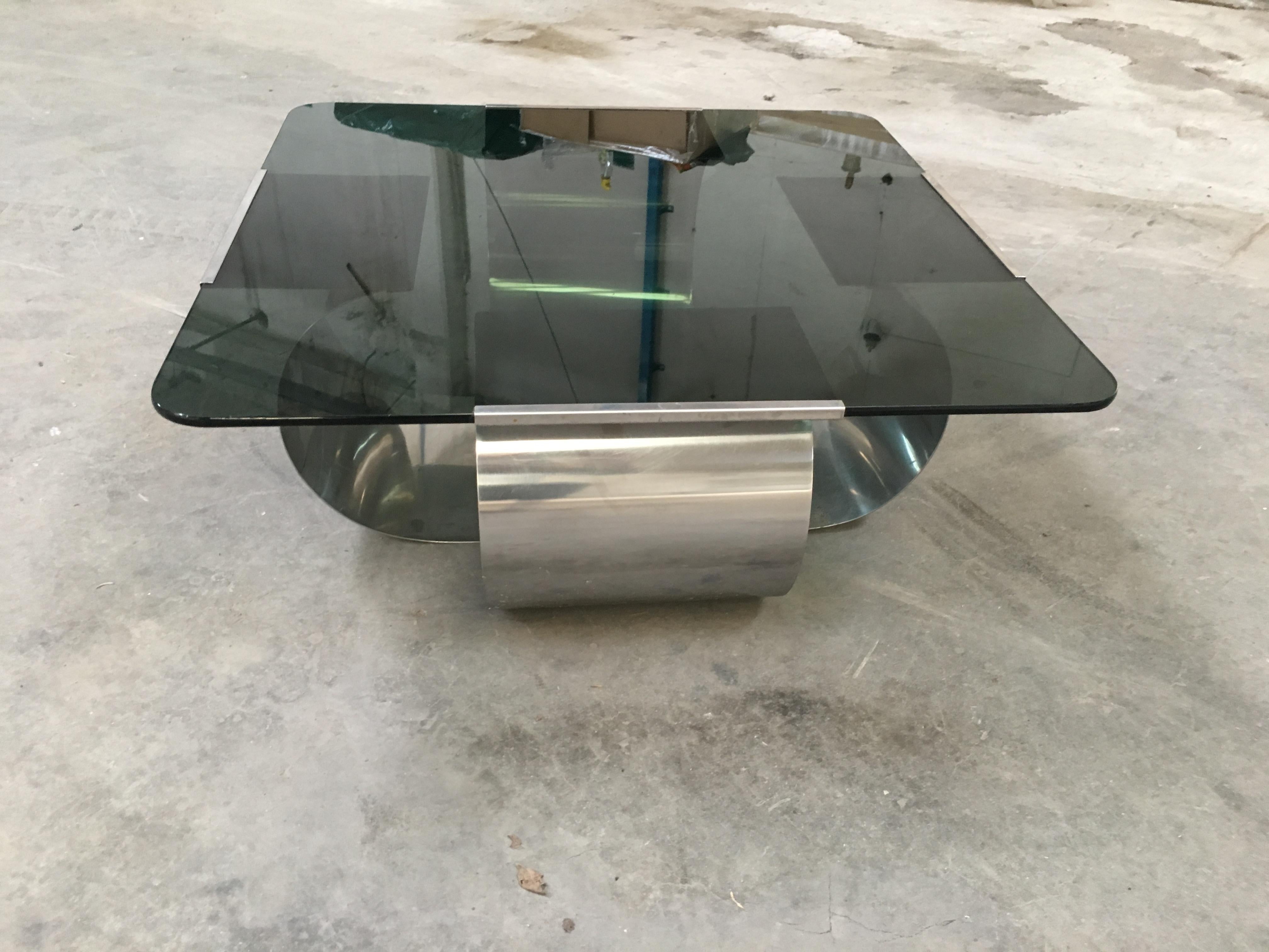 Stainless Steel Mid-Century Modern French Coffee Table with Smoked Glass by François Monnet