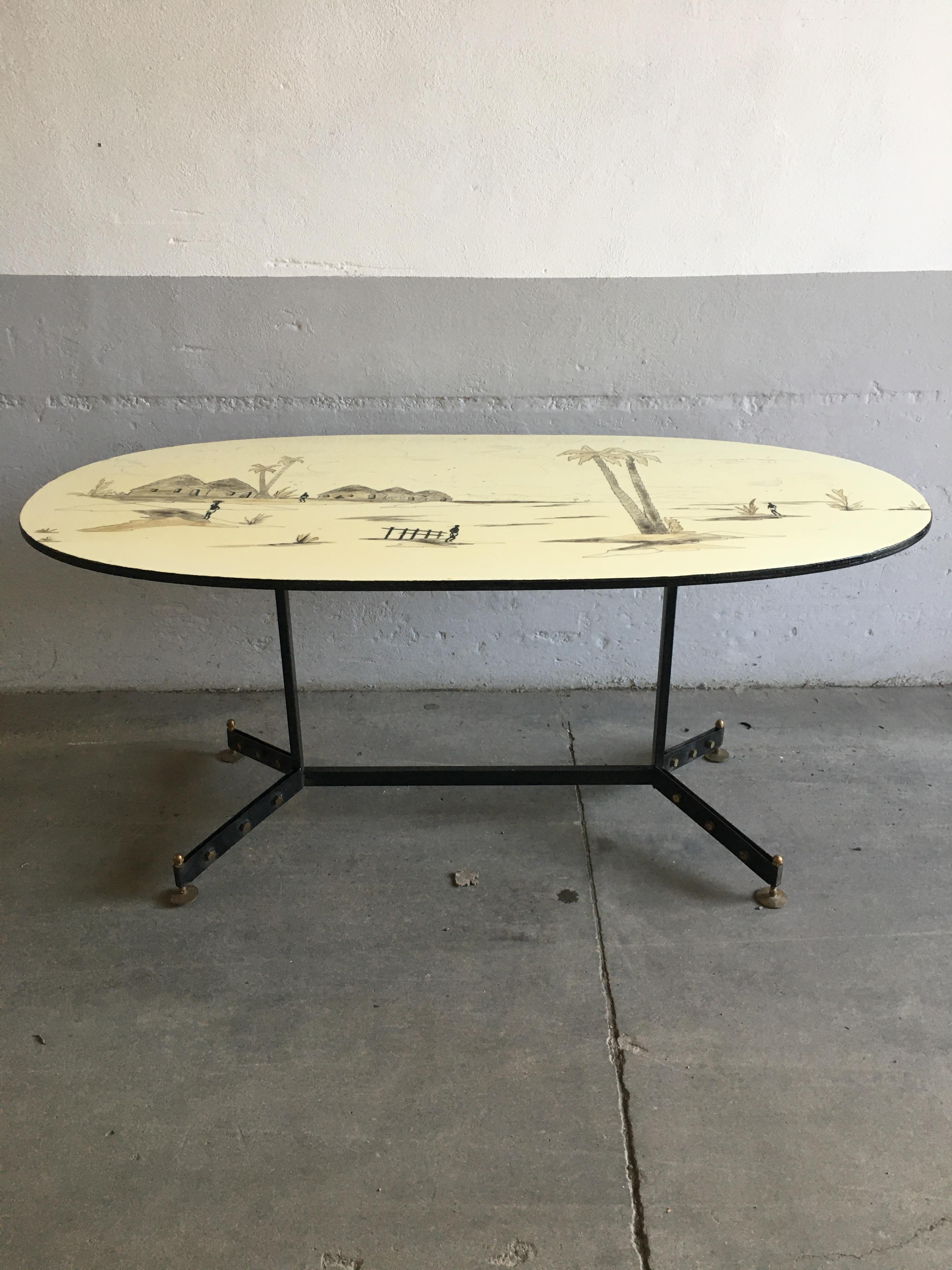 Mid-Century Modern Table de salle à manger française moderne du milieu du siècle dernier avec décorations de paysages africains, années 1960 en vente