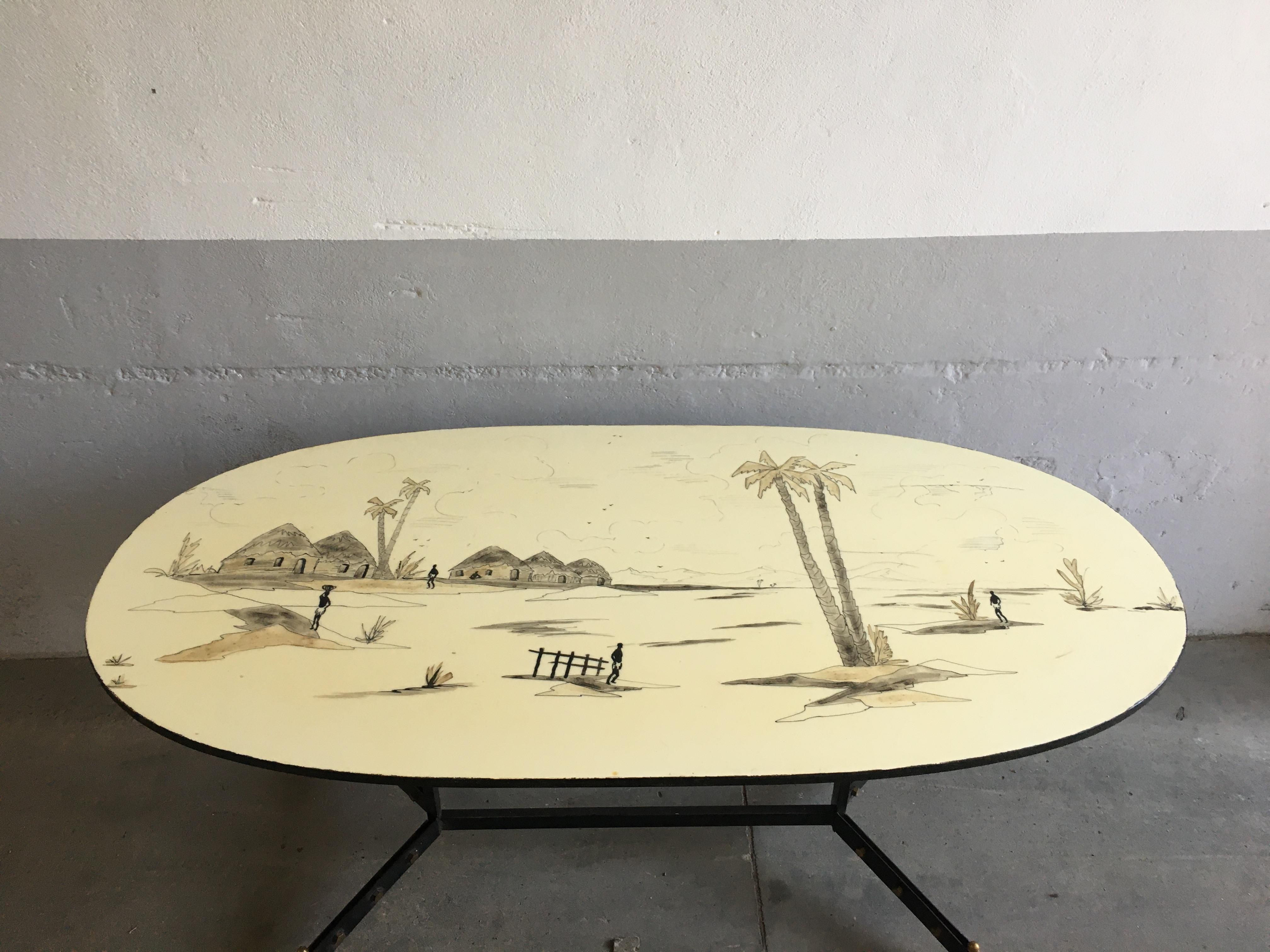 Mid-Century Modern French Dining Table with African Landscape Decorations, 1960s In Good Condition For Sale In Prato, IT