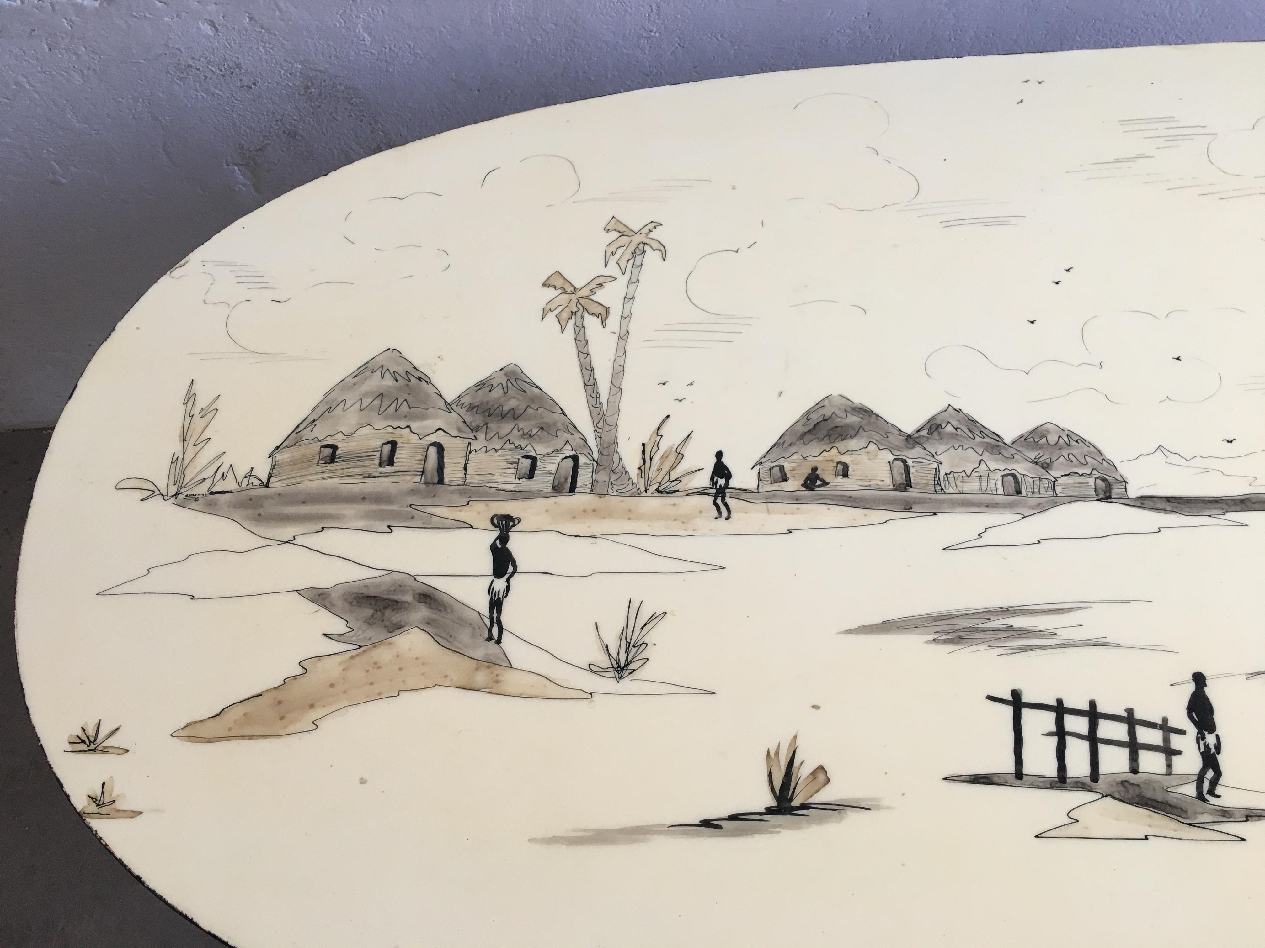 Mid-Century Modern French Dining Table with African Landscape Decorations, 1960s For Sale 2