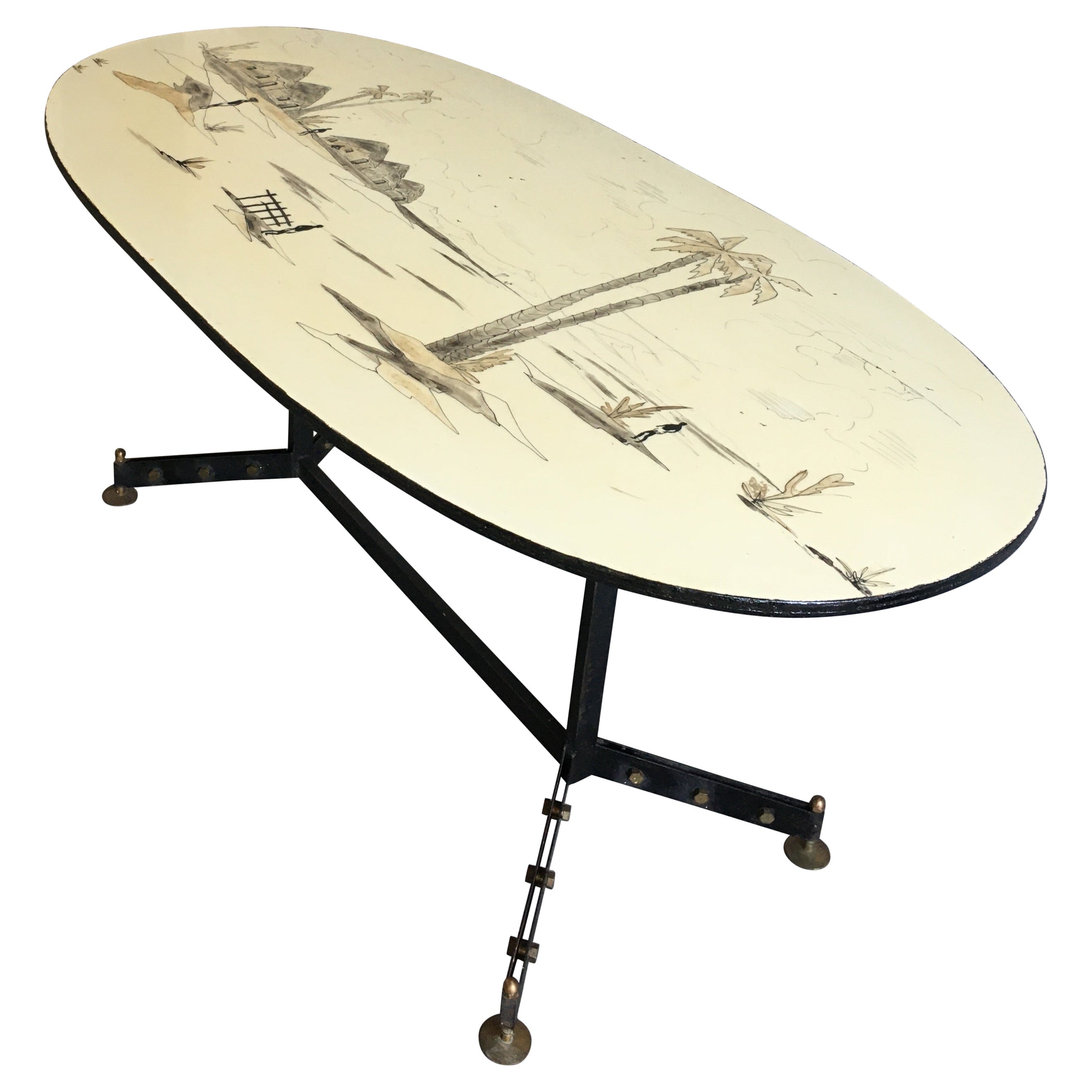 Mid-Century Modern French Dining Table with African Landscape Decorations, 1960s