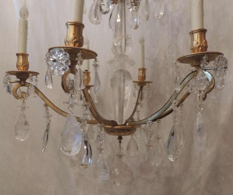 Mid-Century Modern French Doré Bronze and Rock Crystal Six-Arm Bagues Chandelier In Good Condition For Sale In Roslyn, NY