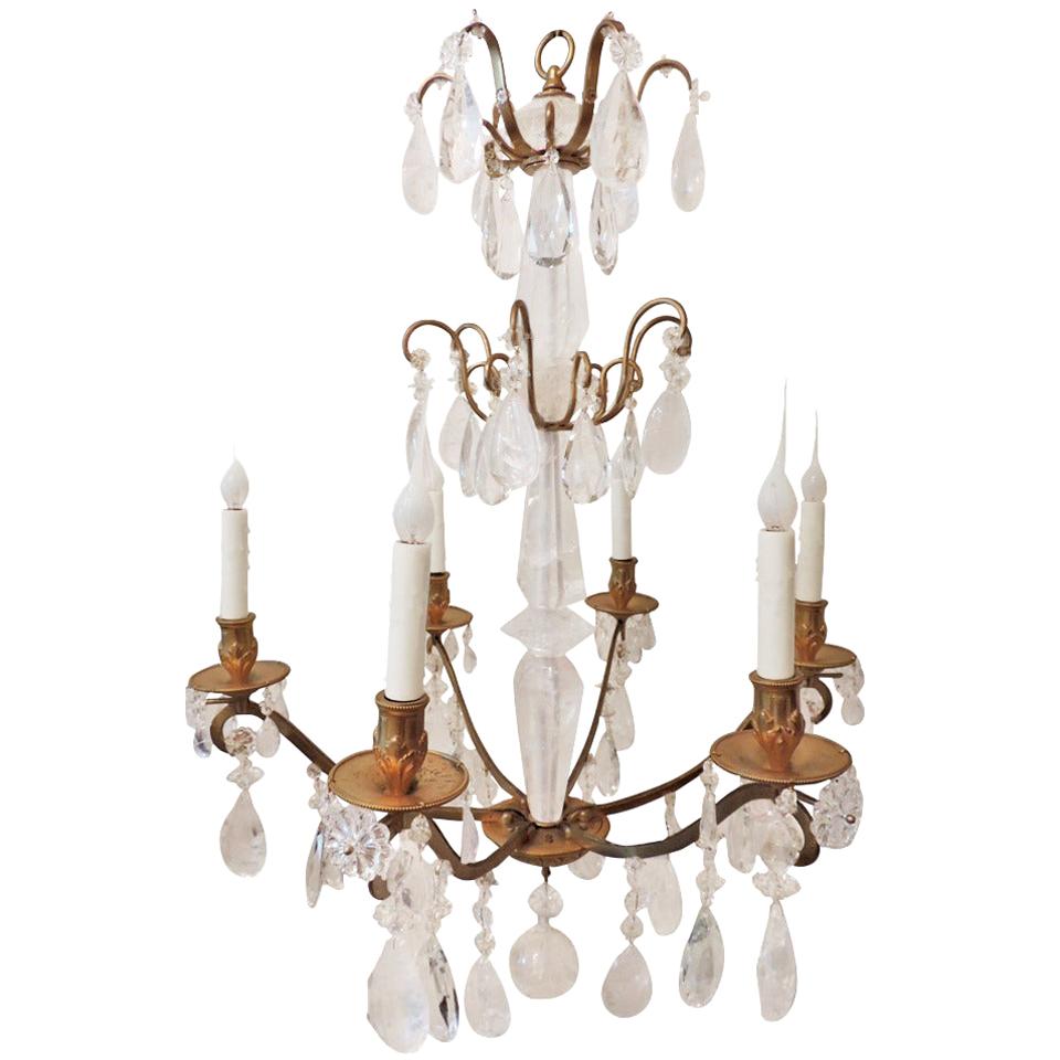 Mid-Century Modern French Doré Bronze and Rock Crystal Six-Arm Bagues Chandelier For Sale