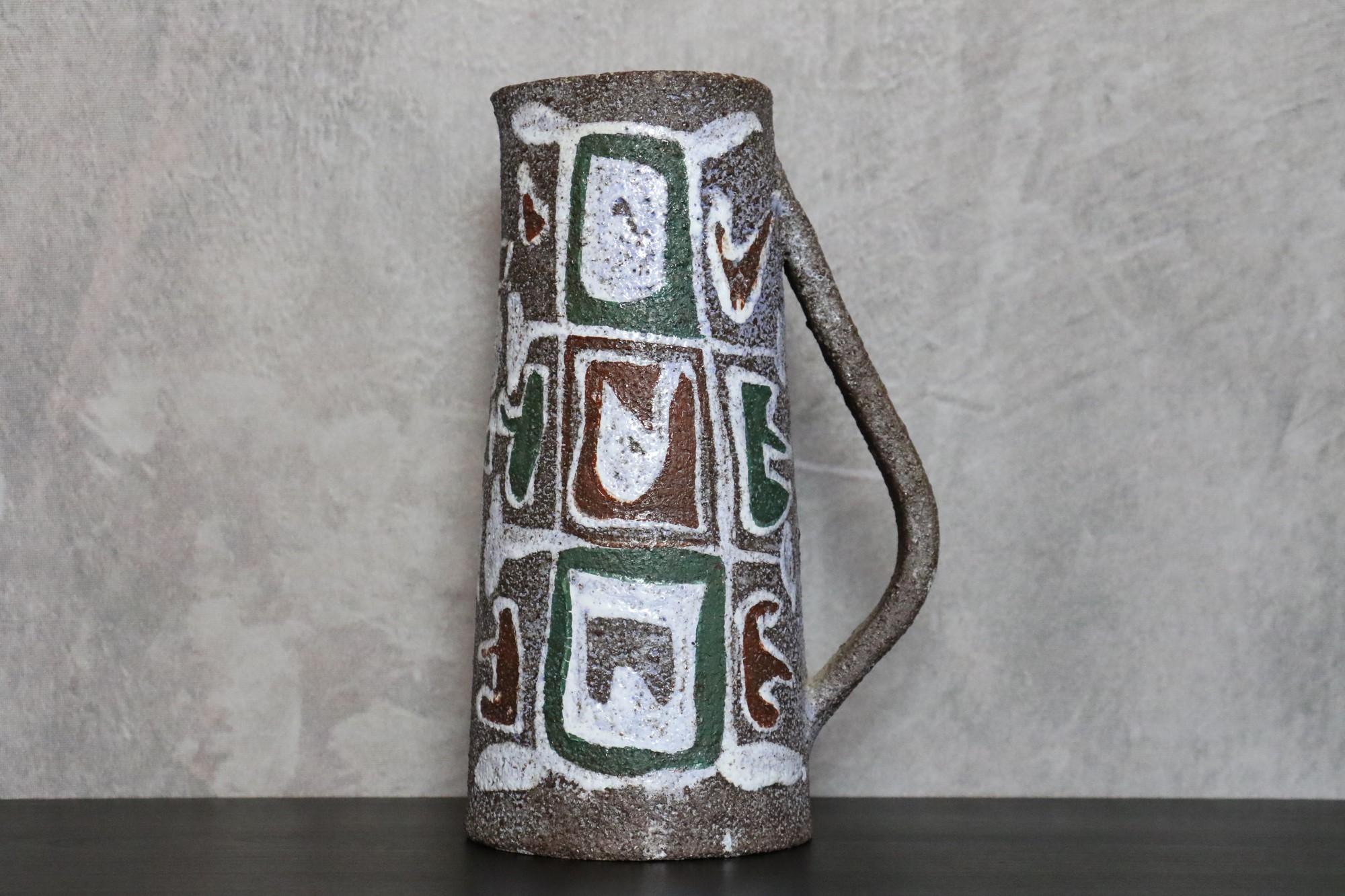 Mid-20th Century Mid-Century Modern French Earthenware Pitcher Signed Accolay, Studio Pottery For Sale
