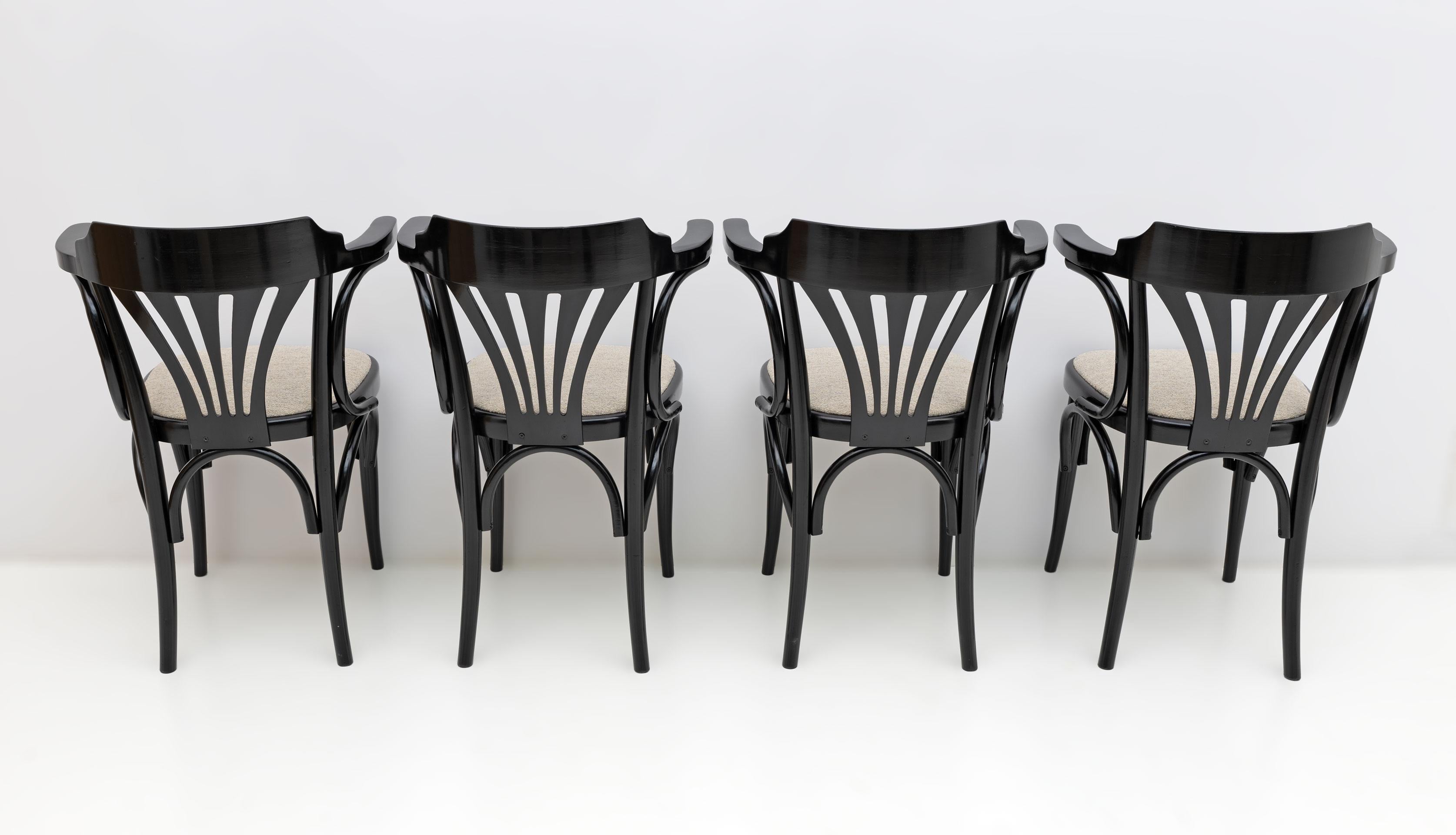 Late 20th Century Mid-Century Modern French Ebonized Beech Bistro Chairs, 1970s, Set of 4 For Sale