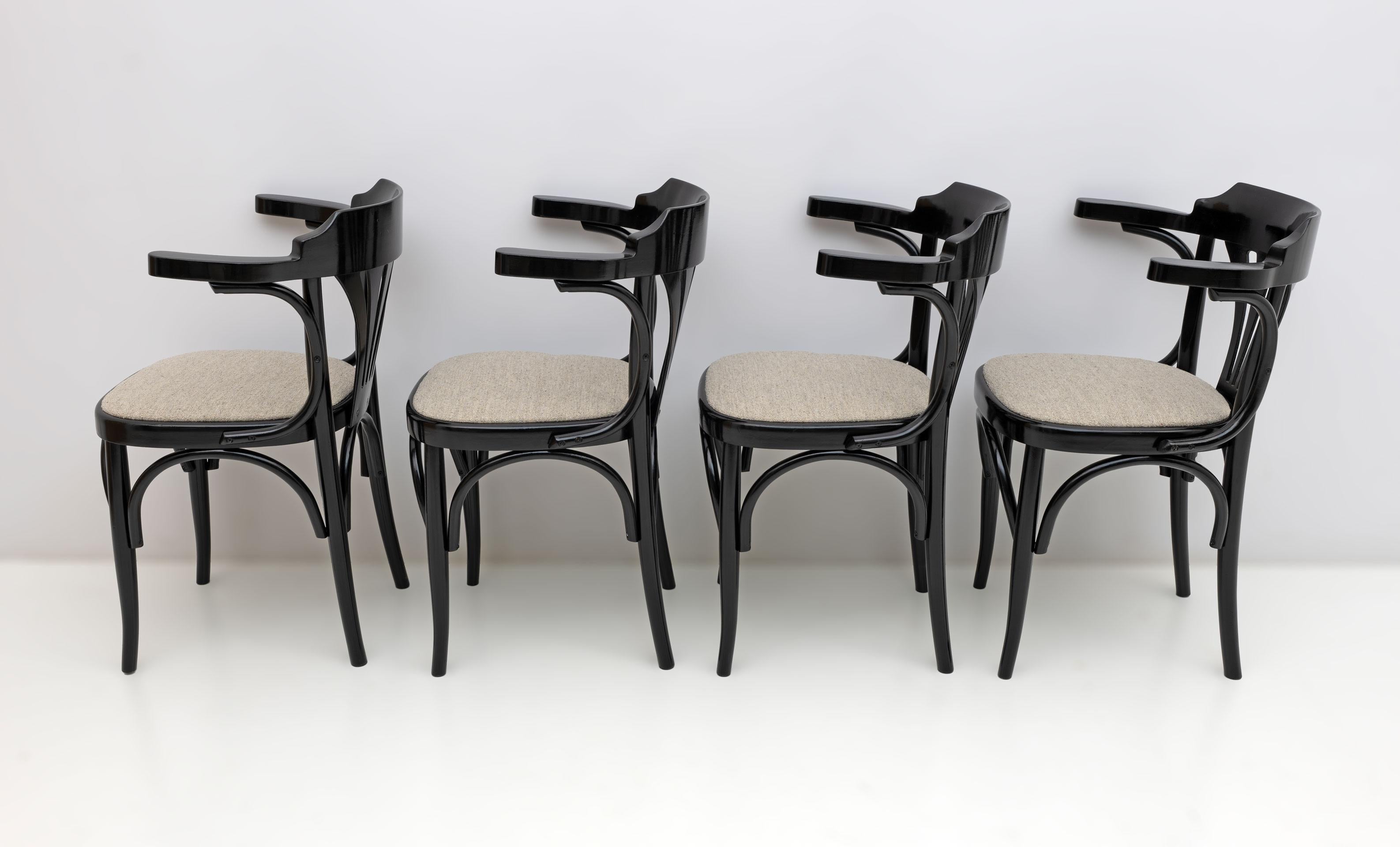 Bouclé Mid-Century Modern French Ebonized Beech Bistro Chairs, 1970s, Set of 4 For Sale