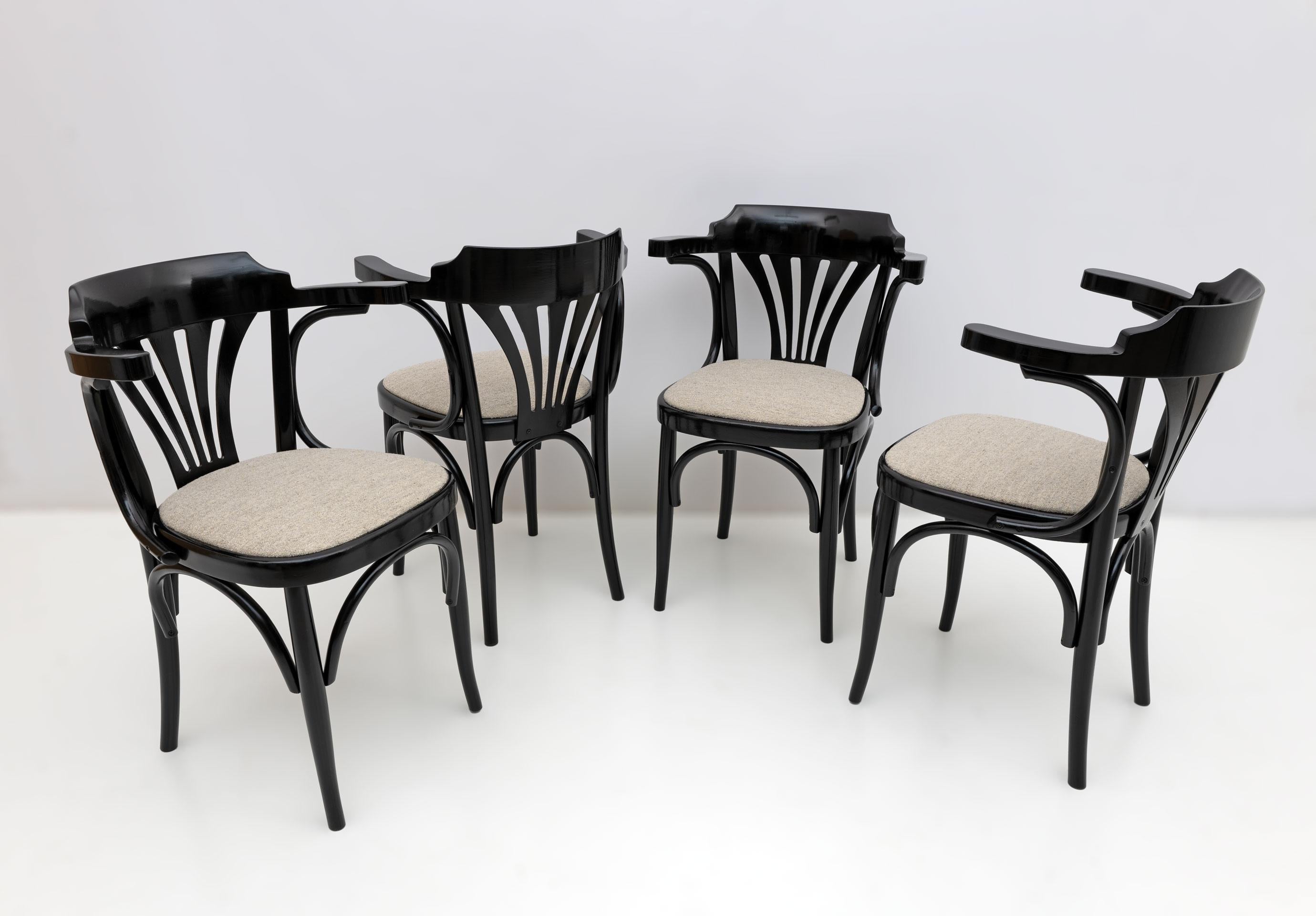 Mid-Century Modern French Ebonized Beech Bistro Chairs, 1970s, Set of 4 For Sale 1
