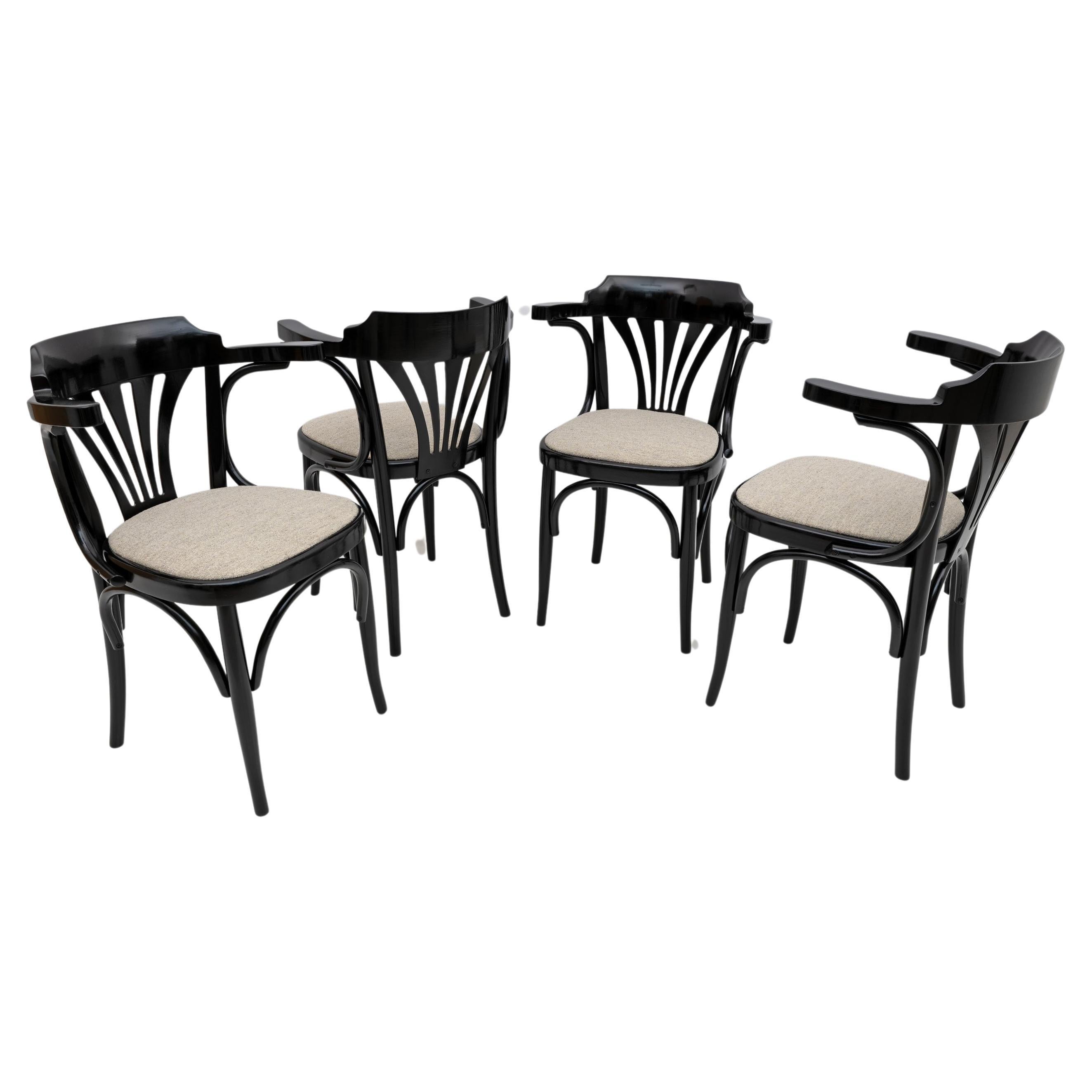 Mid-Century Modern French Ebonized Beech Bistro Chairs, 1970s, Set of 4 For Sale