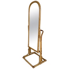 Mid-Century Modern French Faux Bamboo Cheval Mirror with Back Hanger