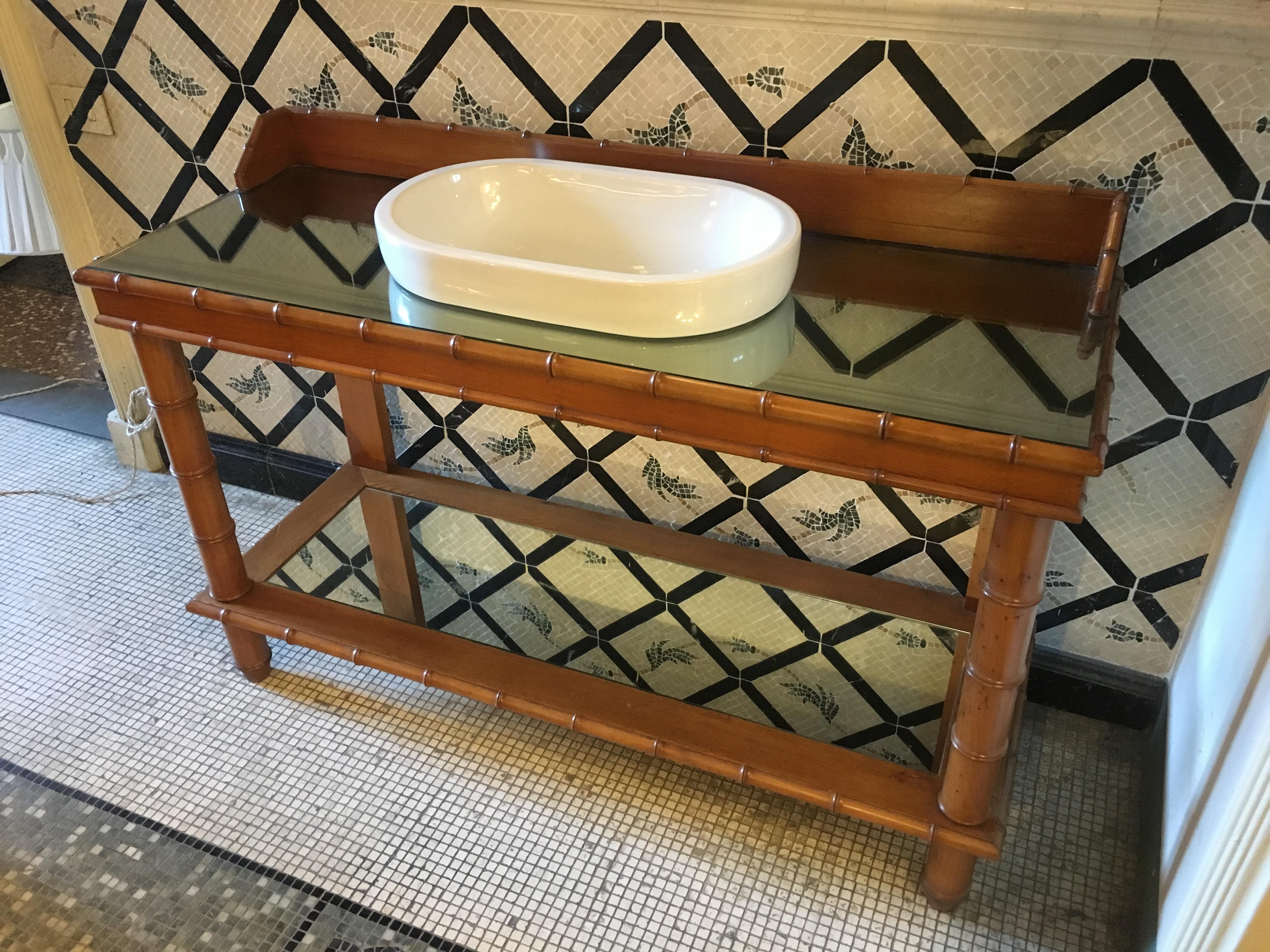 Early 20th Century Mid-Century Modern French Faux Bamboo Cupboard Sink with Mirror Top, 1920s For Sale