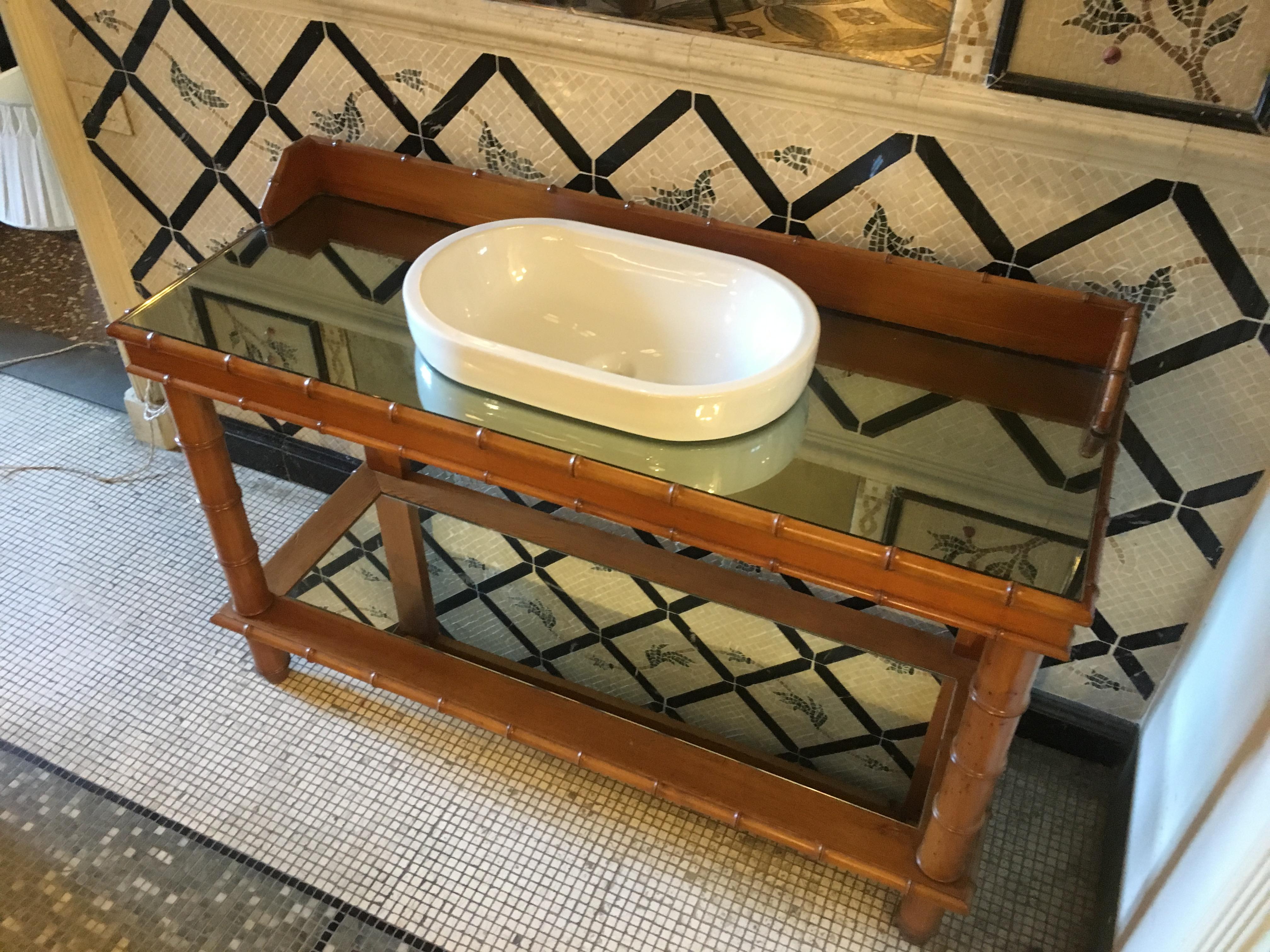 Mid-Century Modern French Faux Bamboo Cupboard Sink with Mirror Top, 1920s For Sale 1