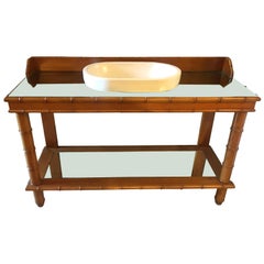 Mid-Century Modern French Faux Bamboo Cupboard Sink with Mirror Top, 1920s