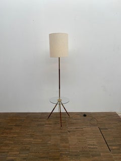 Mid-Century Modern French Floorlamp, Wood & Brass and Glass