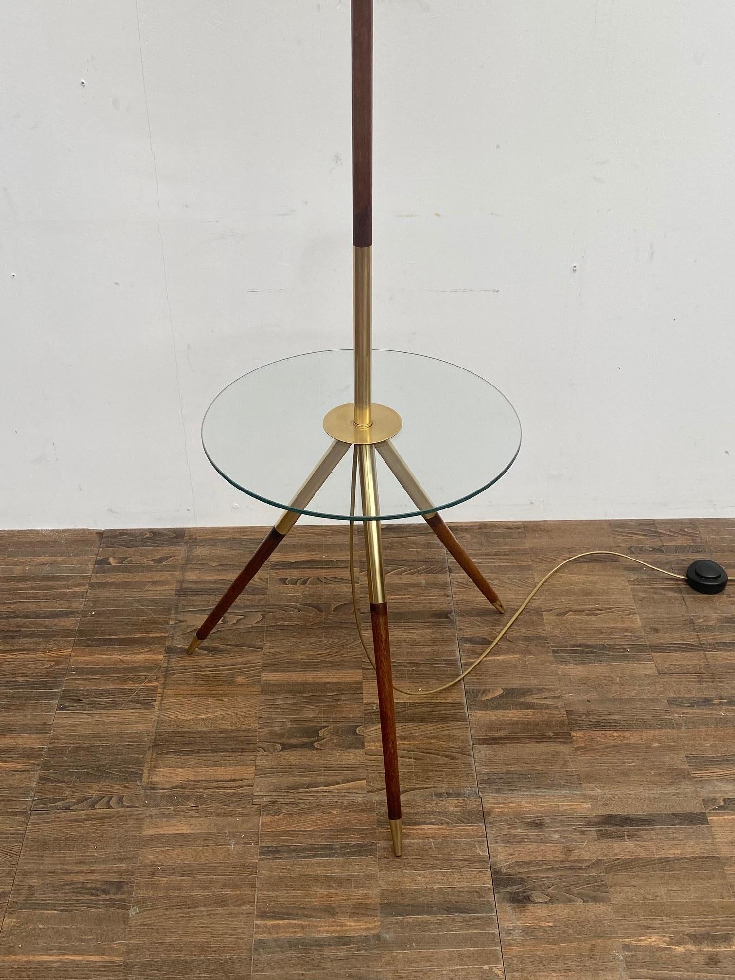 20th Century Mid-Century Modern French Floorlamp, Wood & Brass and Glass For Sale