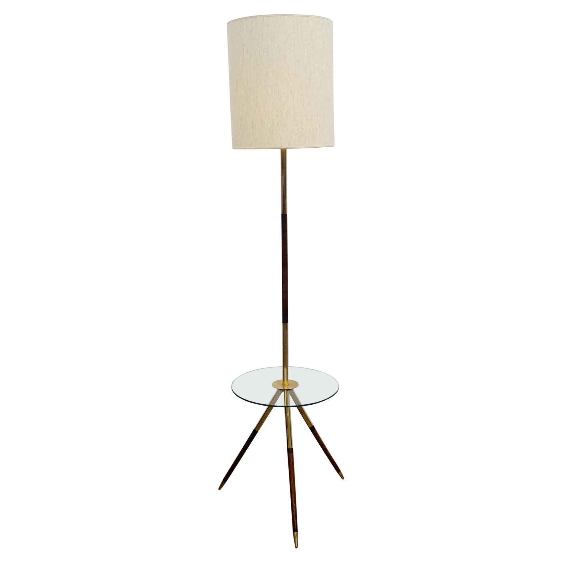 Mid-Century Modern French Floorlamp, Wood & Brass and Glass For Sale