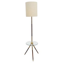 Mid-Century Modern French Floorlamp, Wood & Brass and Glass