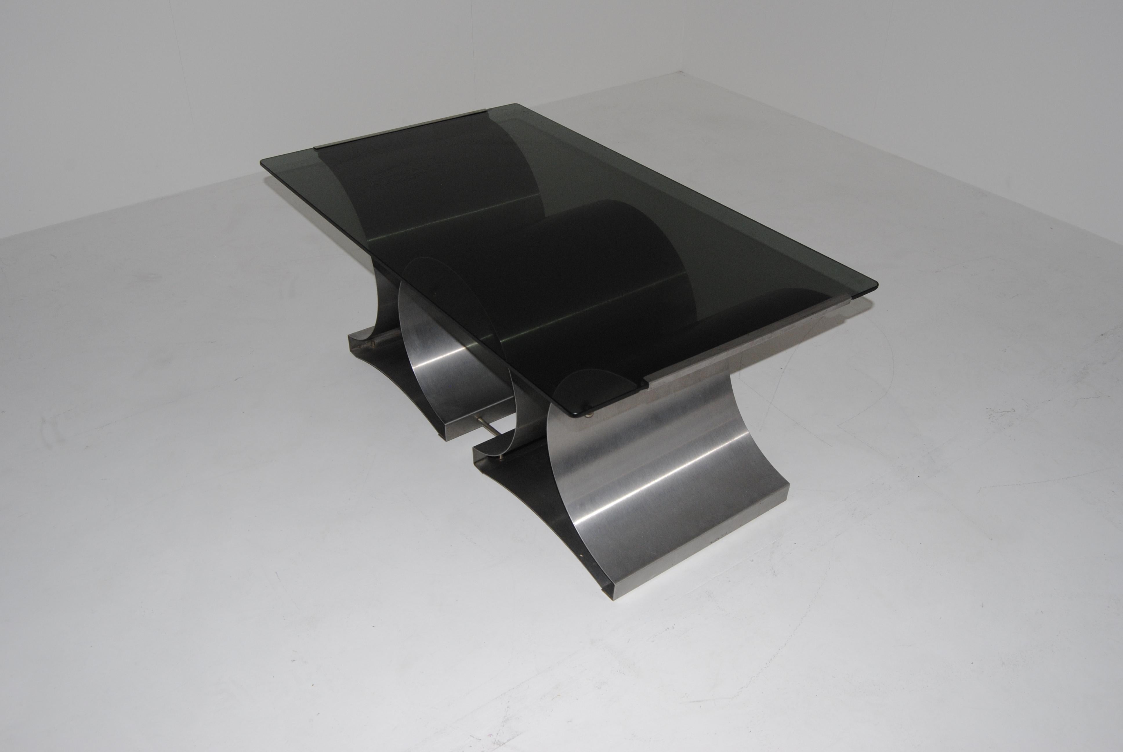 Mid-Century Modern French brushed steel coffee table with smoked glass top by Francois Monnet.