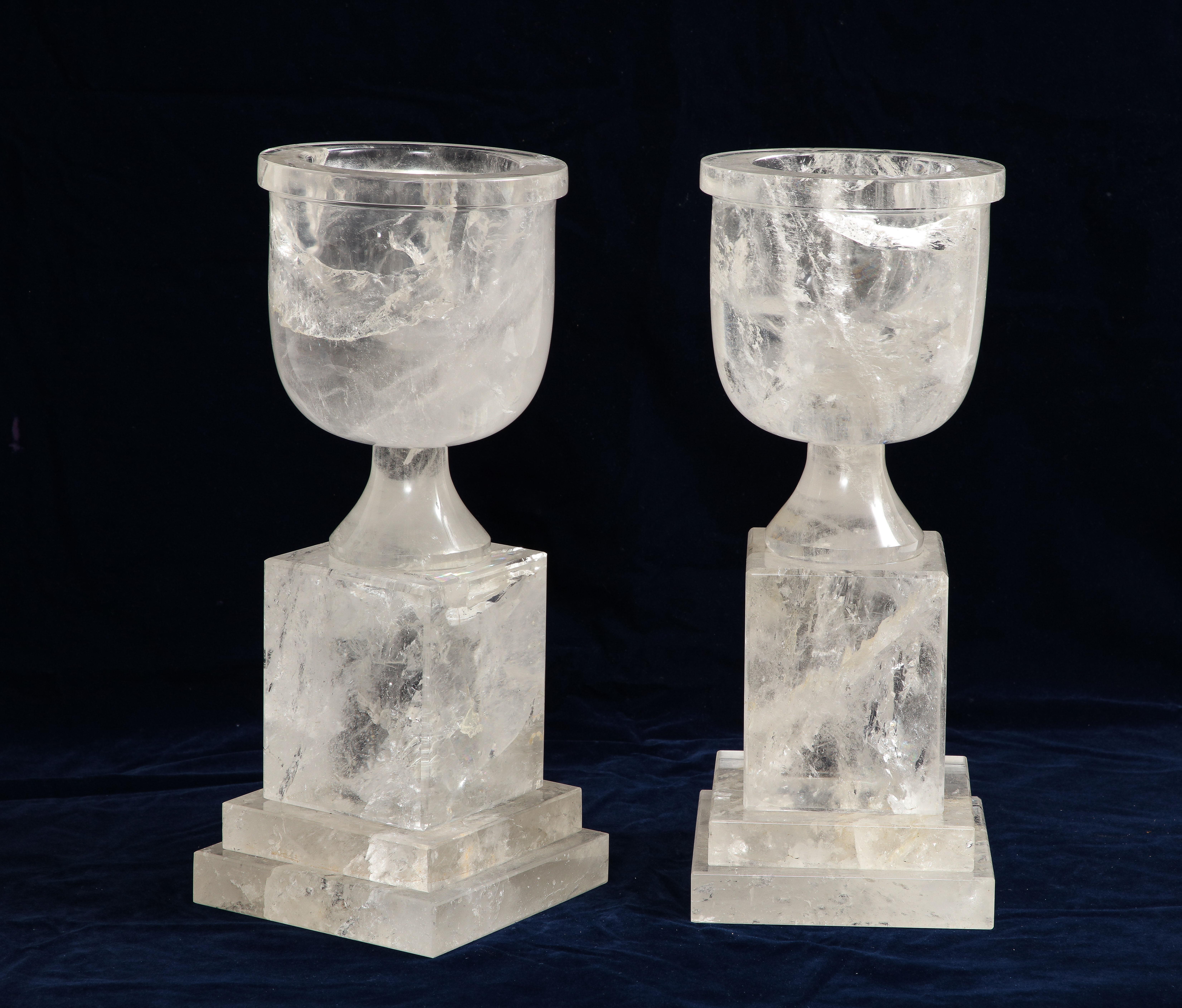 Art Deco Mid-Century Modern French Hand-Carved and Hand-Polished Rock Crystal Vases