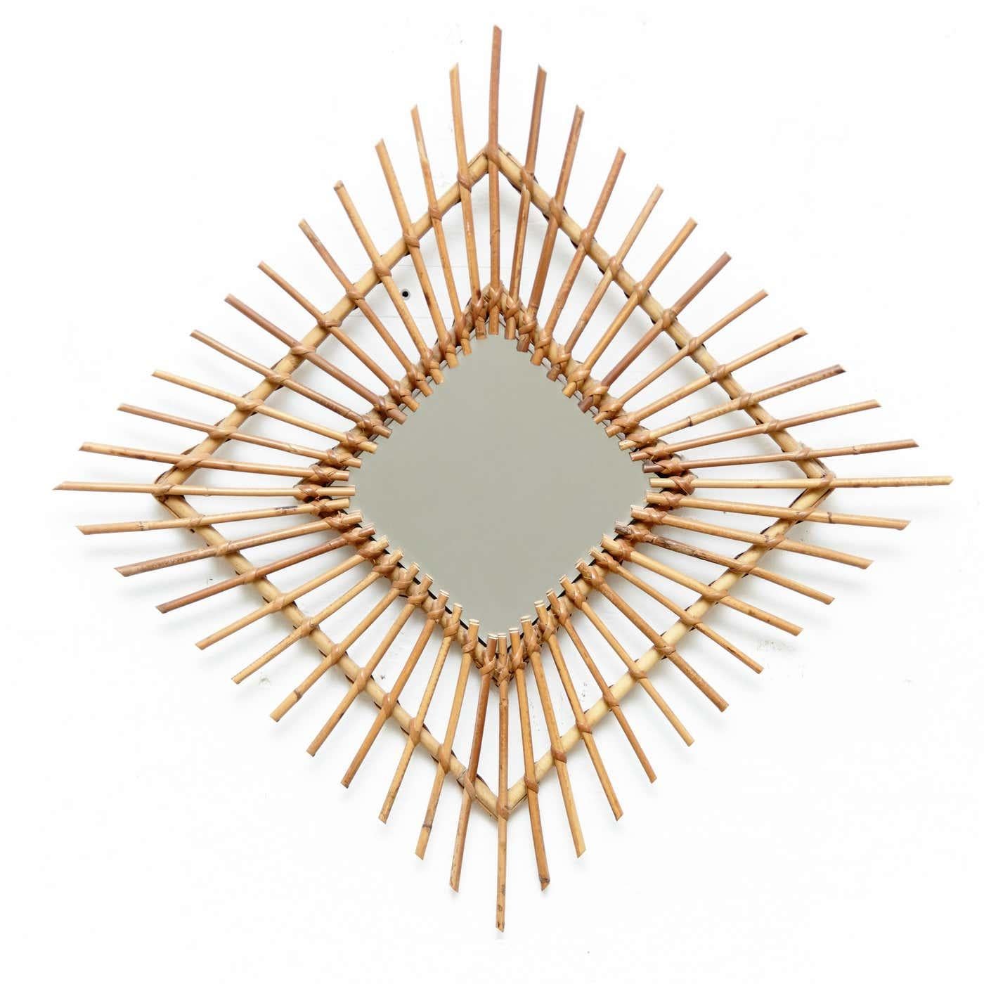 Spanish Mid-Century Modern French Handcrafted Bamboo & Rattan Mirror, Circa 1960 For Sale