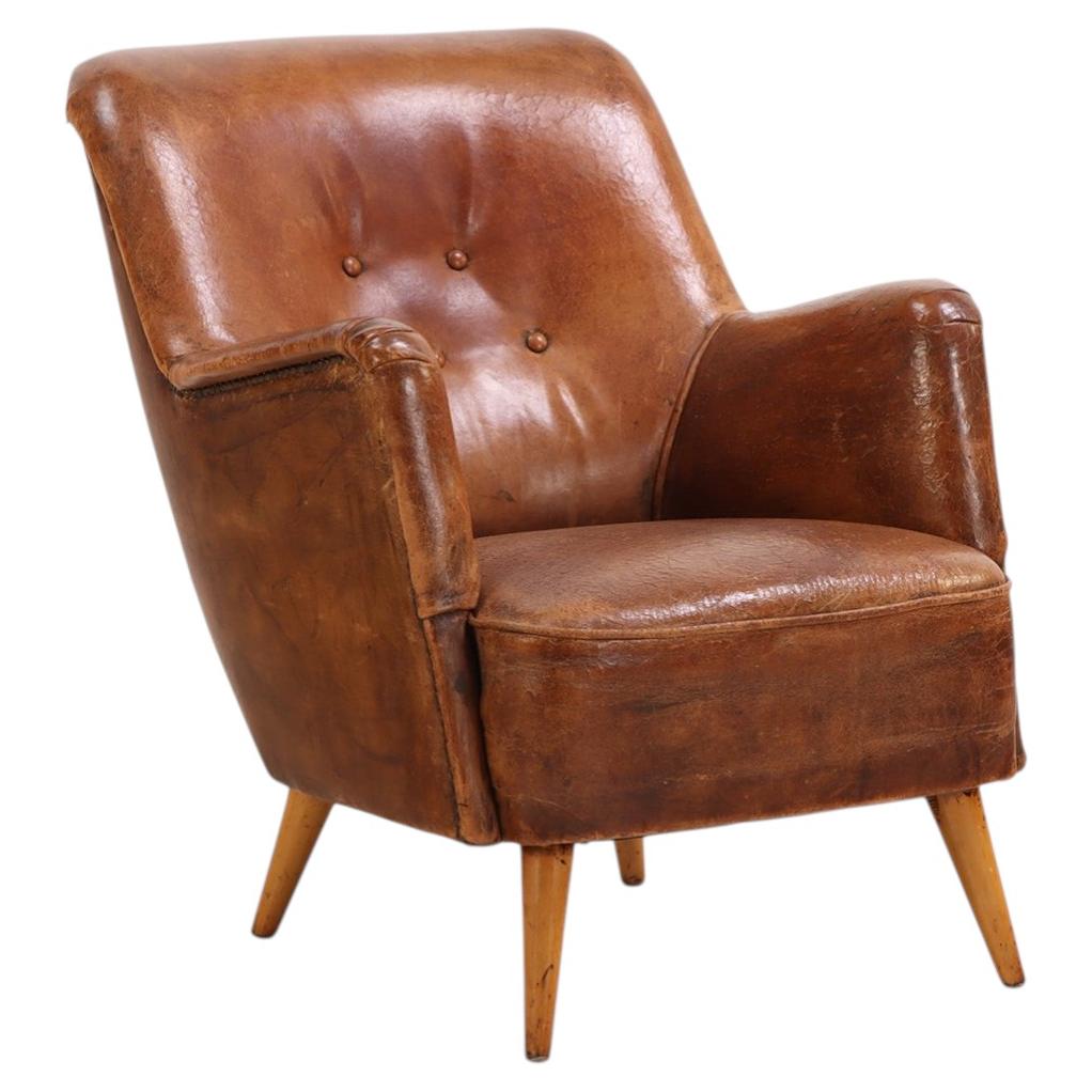 Mid Century Modern French Leather Club Chair, C. 1950.