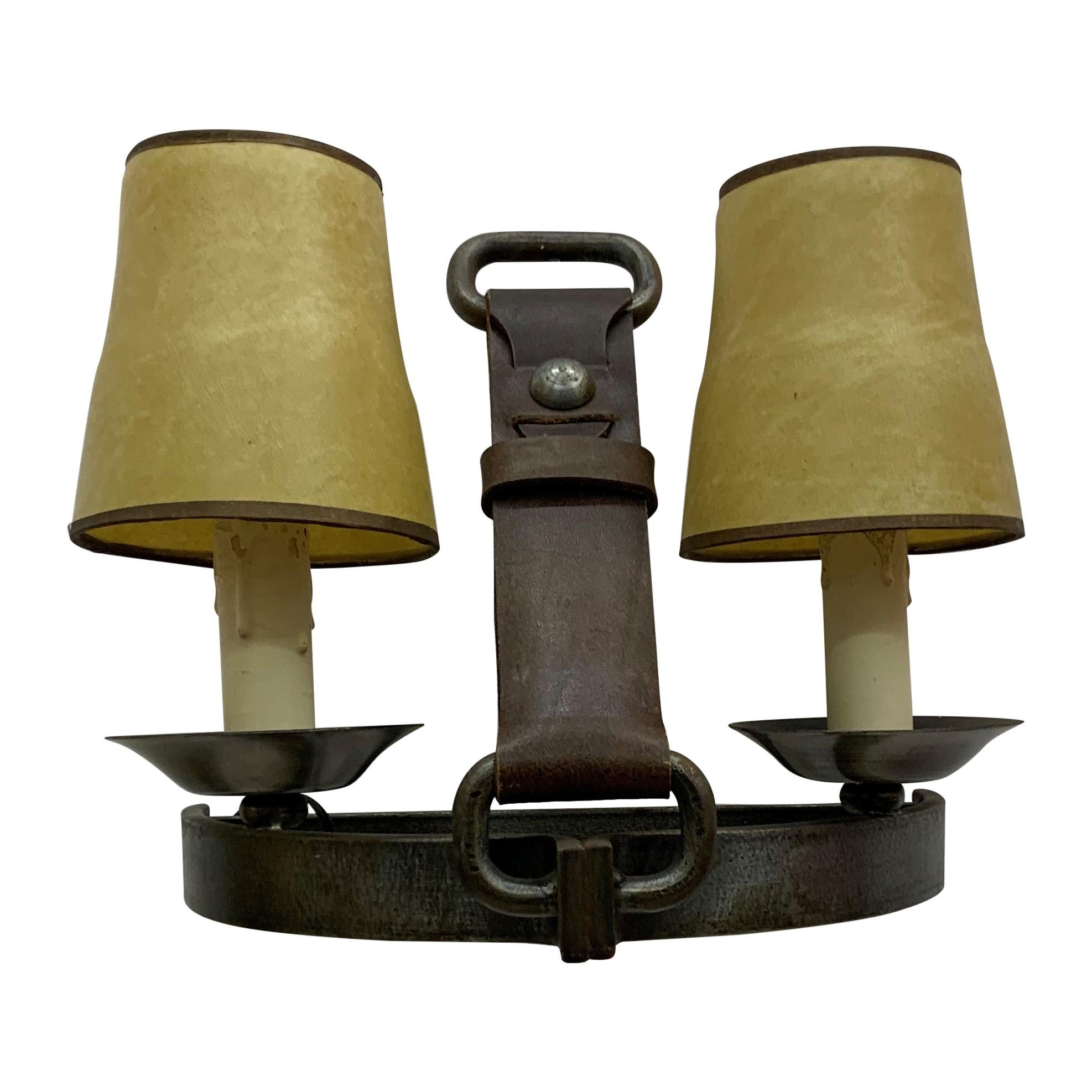 Mid-Century Modern French Leather and Steel "Stirrup" Sconces, Adnet Style For Sale