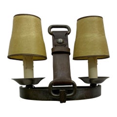 Mid-Century Modern French Leather and Steel "Stirrup" Sconces, Adnet Style