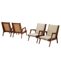 Chaises longues françaises modernes du milieu du siècle en teck et rotin