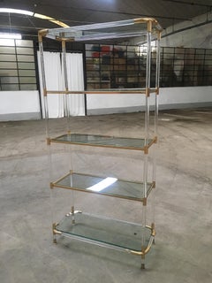Mid-Century Modern French Lucite and Brass Etagere with Glass Shelves, 1970s