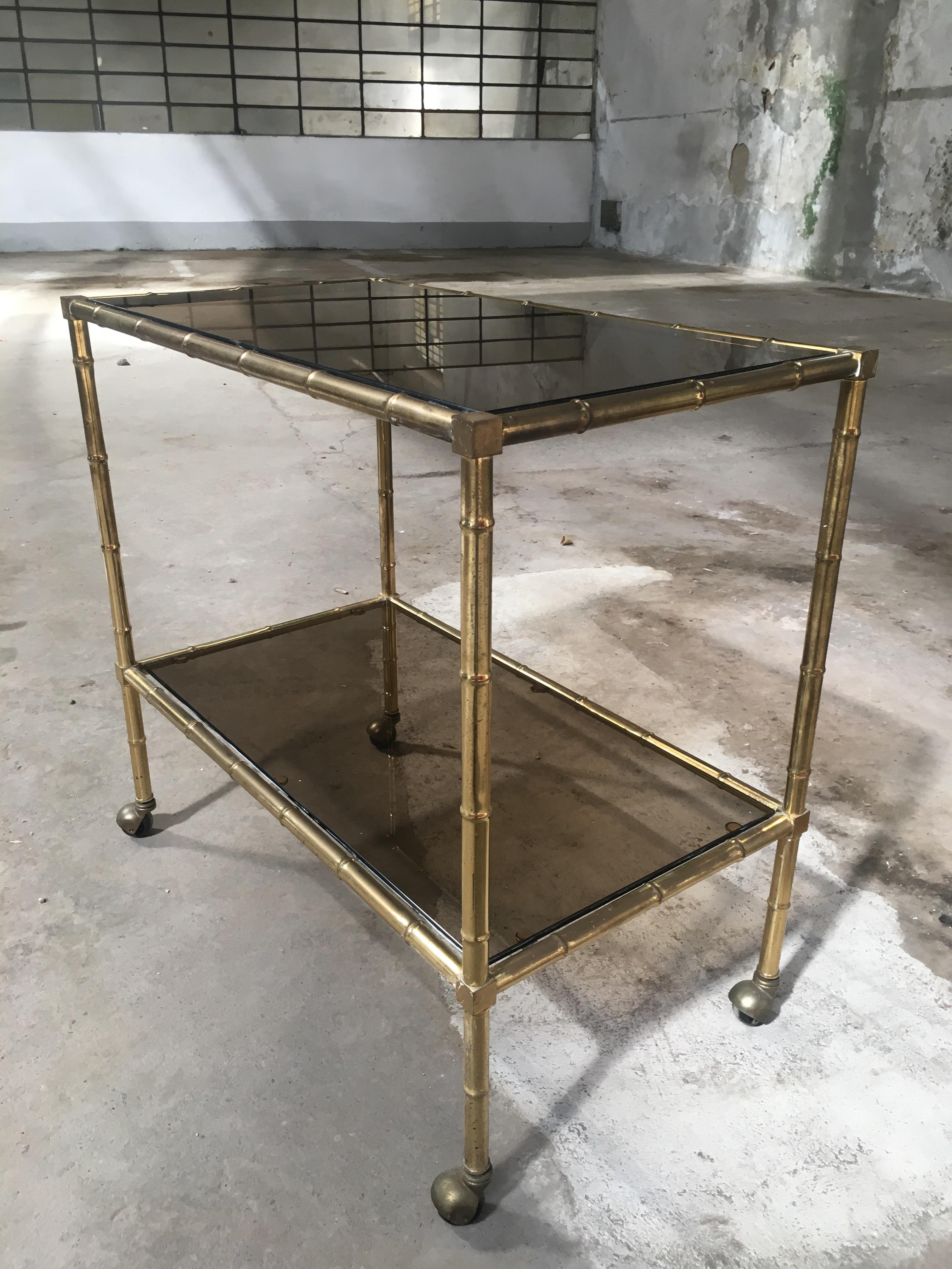 Mid-Century Modern French Maison Baguès Gilt Metal Faux Bamboo Bar Cart, 1960s For Sale 2