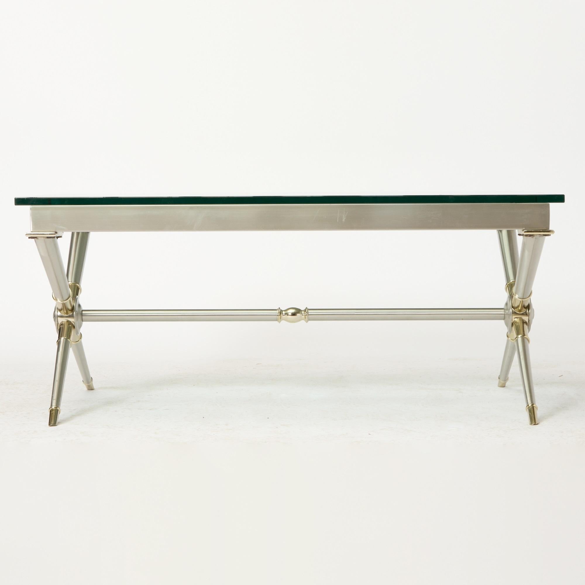 Moderner französischer Maison Baguès Tisch mit Glasplatte aus Stahl und vergoldetem Bronze, Mitte des Jahrhunderts (Moderne der Mitte des Jahrhunderts) im Angebot