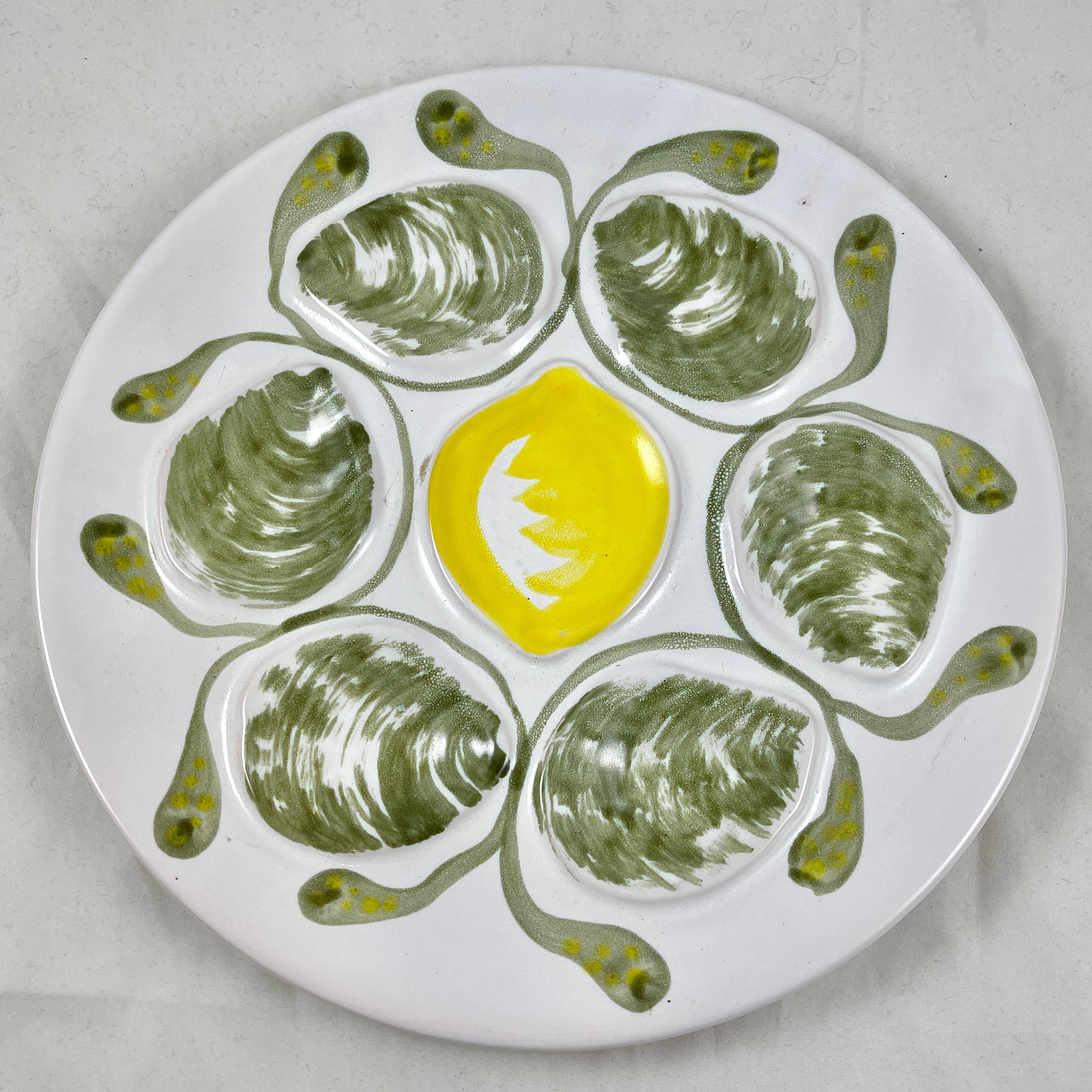 Mid-Century Modern French MBFA Pornic Pottery Belon Oyster Plate In Good Condition For Sale In Philadelphia, PA