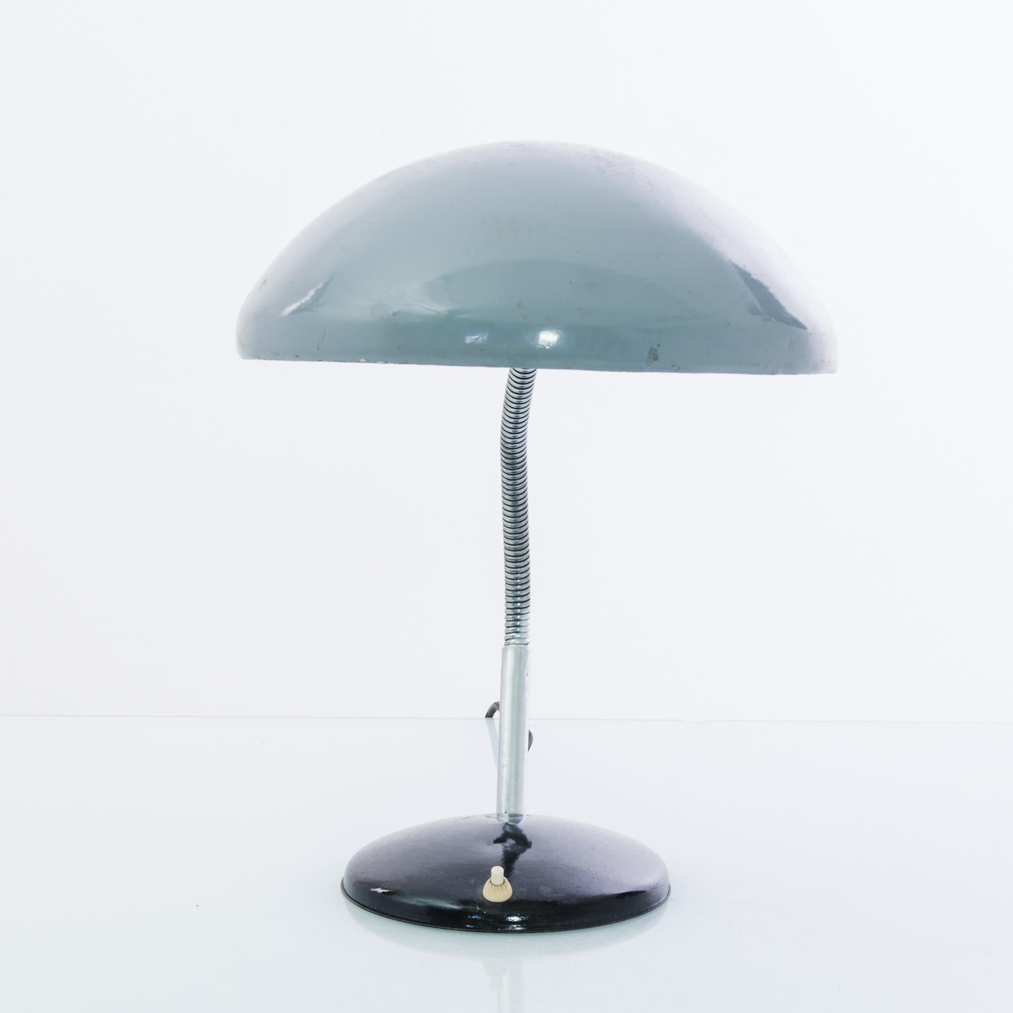 This metal table lamp was made in France, circa 1950. The lampshade and stand take the form of slate gray and black domes, appearing to float in space. A gooseneck enables the light to be angled as needed. With a glossy and reflective patina, making