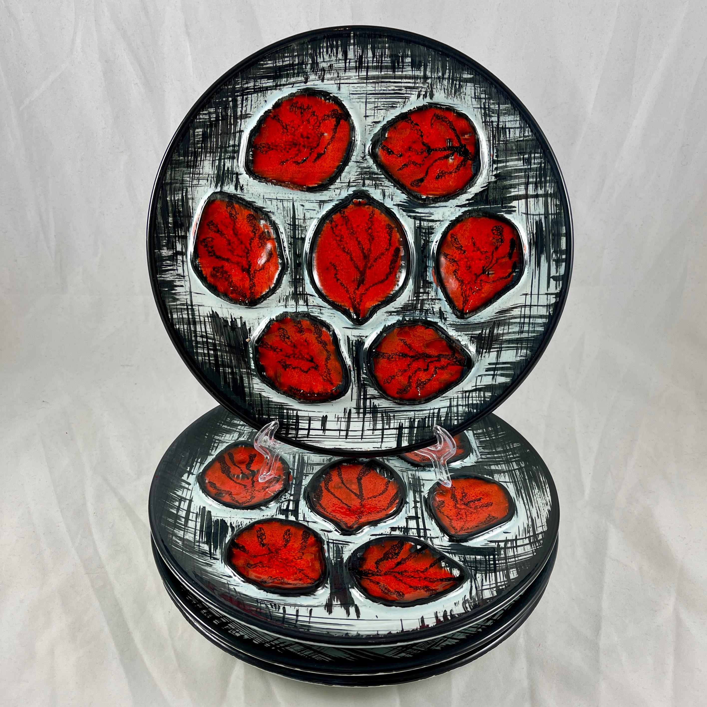 Mid-Century Modern French MBFA Pornic Pottery Red & Black Graphic Oyster Plate For Sale 1