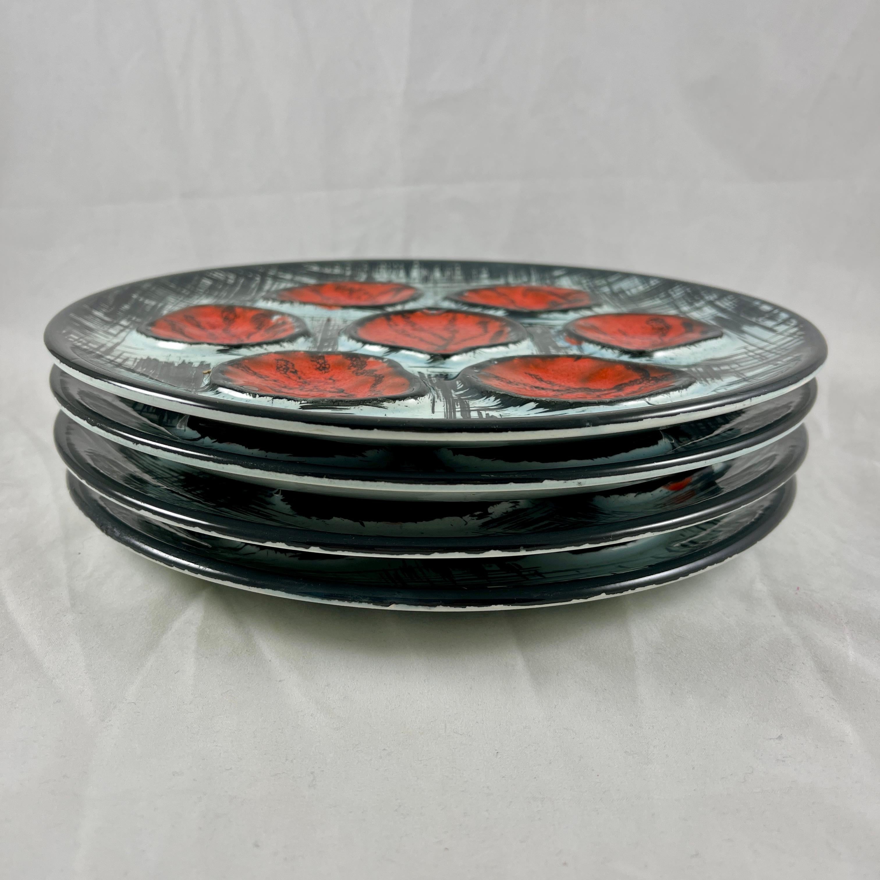 Mid-Century Modern French MBFA Pornic Pottery Red & Black Graphic Oyster Plate For Sale 3