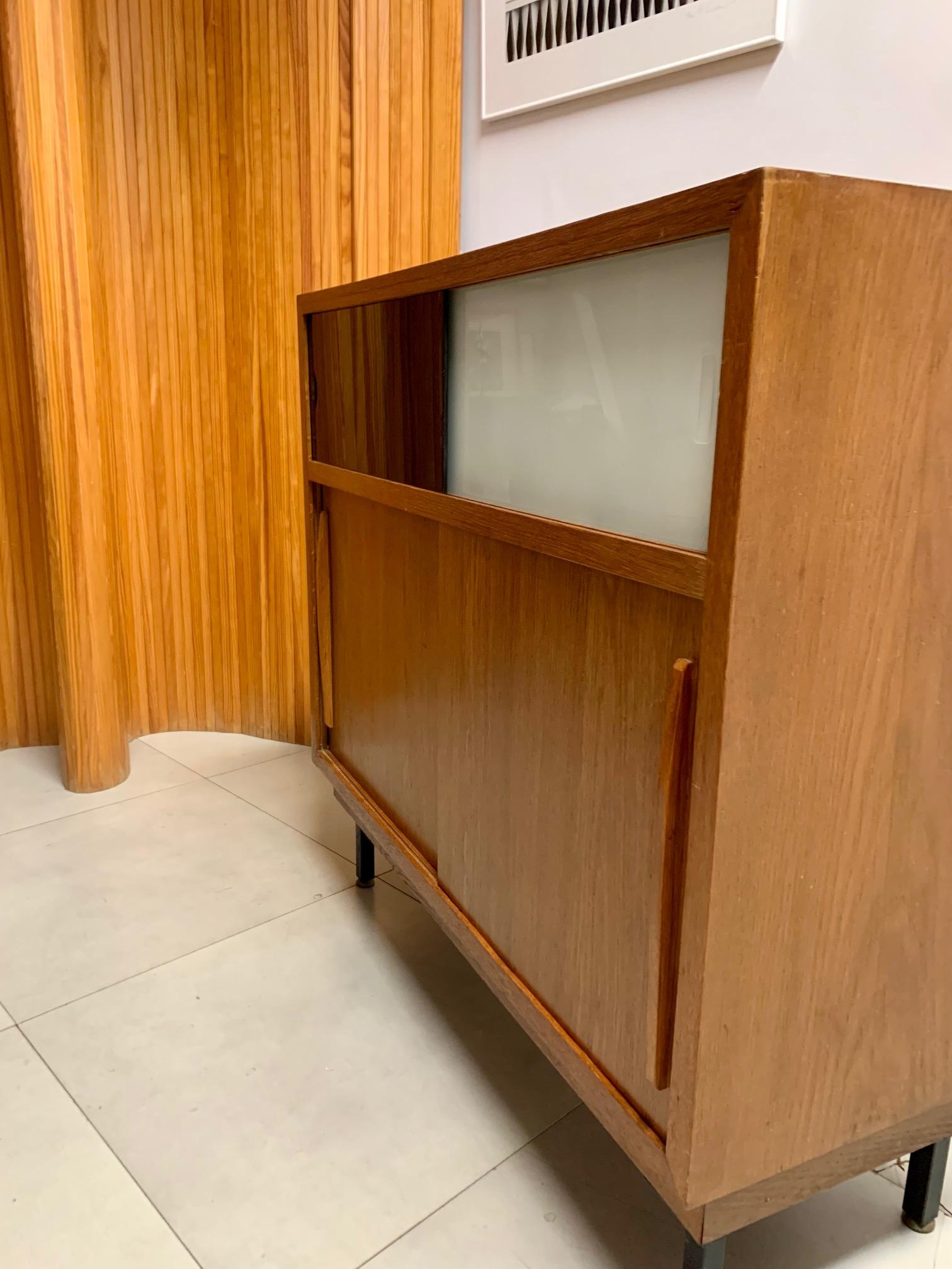 Mid-Century Modern French Oak and Lacquered Glass Cabinet 4