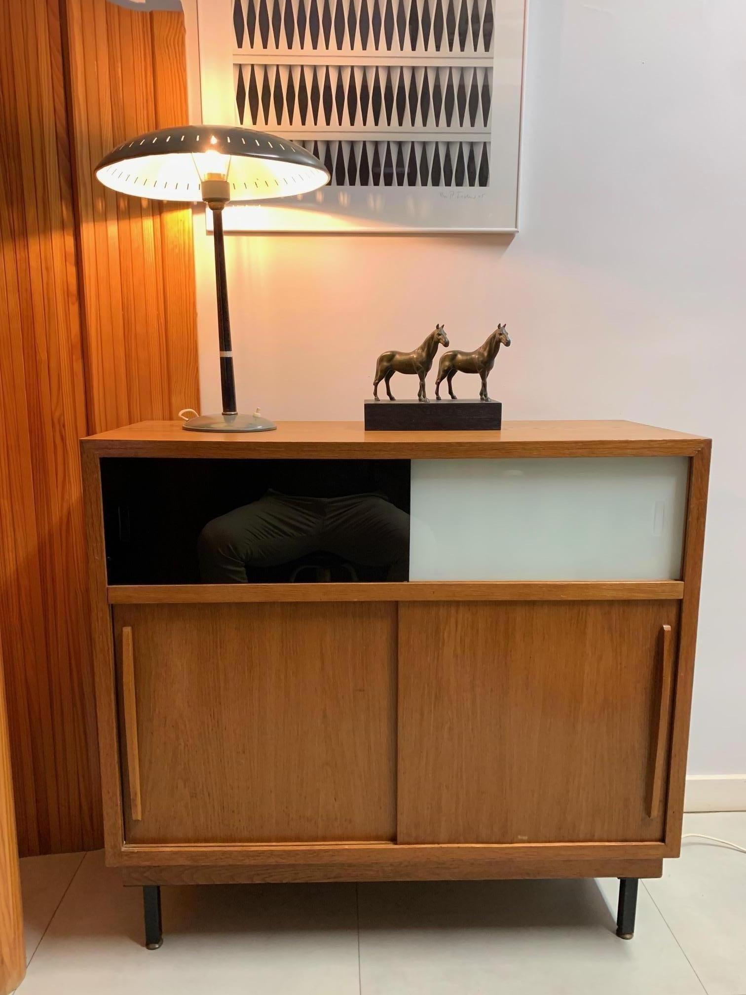 Mid-Century Modern French Oak and Lacquered Glass Cabinet 5