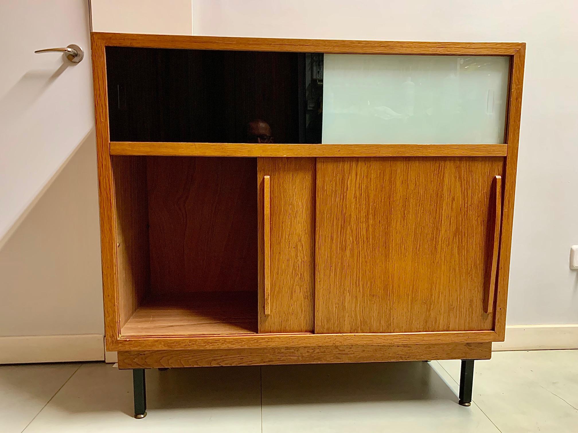Metal Mid-Century Modern French Oak and Lacquered Glass Cabinet