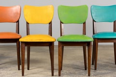 Mid Century Modern French Oak Dining Chairs in Rainbow Vinyl - Set of 6