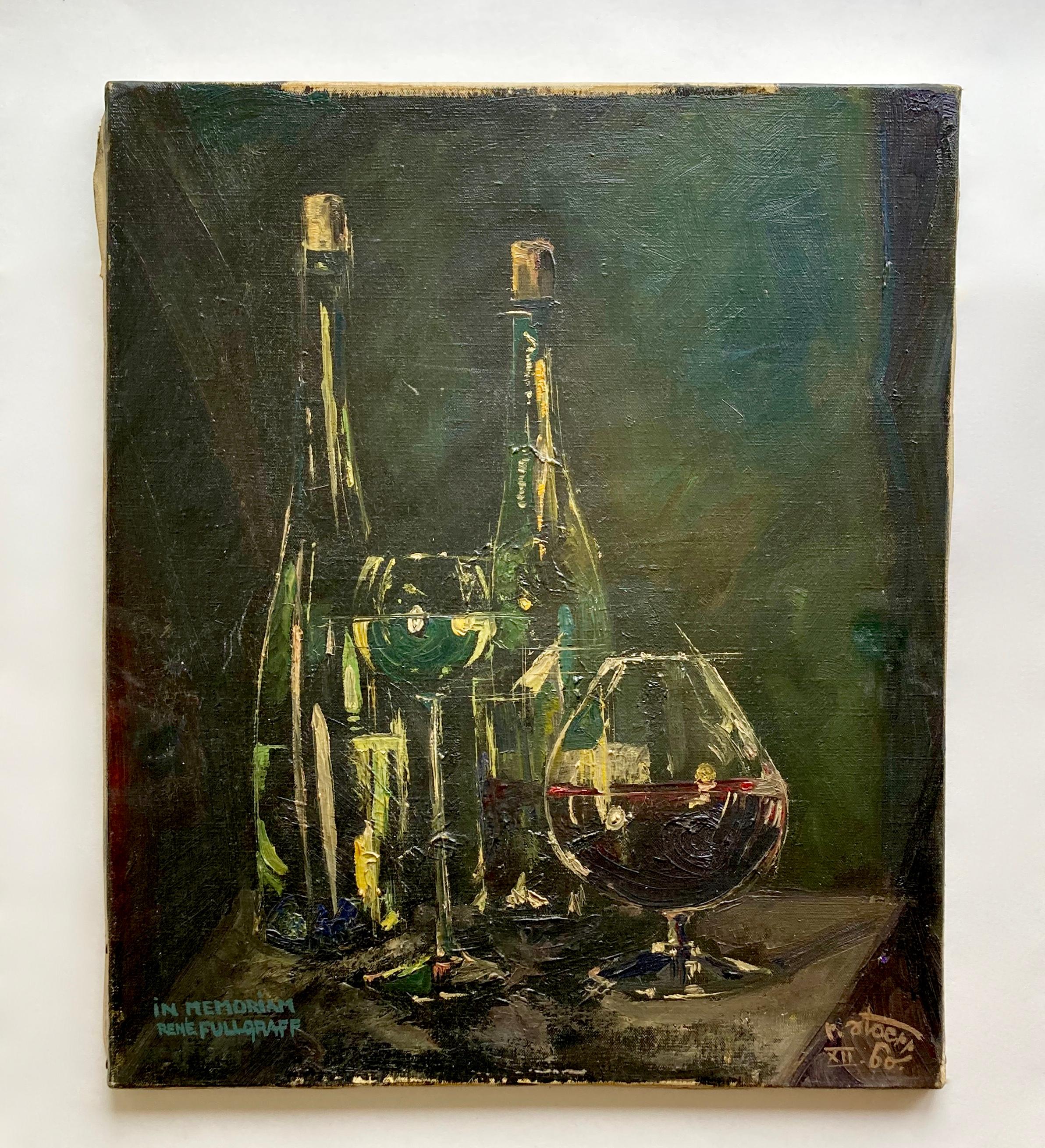 A moody still-life very much in a mid-century spirit. This vintage oil painting on stretched canvas has been sourced in the wine region of Alsace, France. It is very likely that it has been painted in this region as well since the wine bottles and