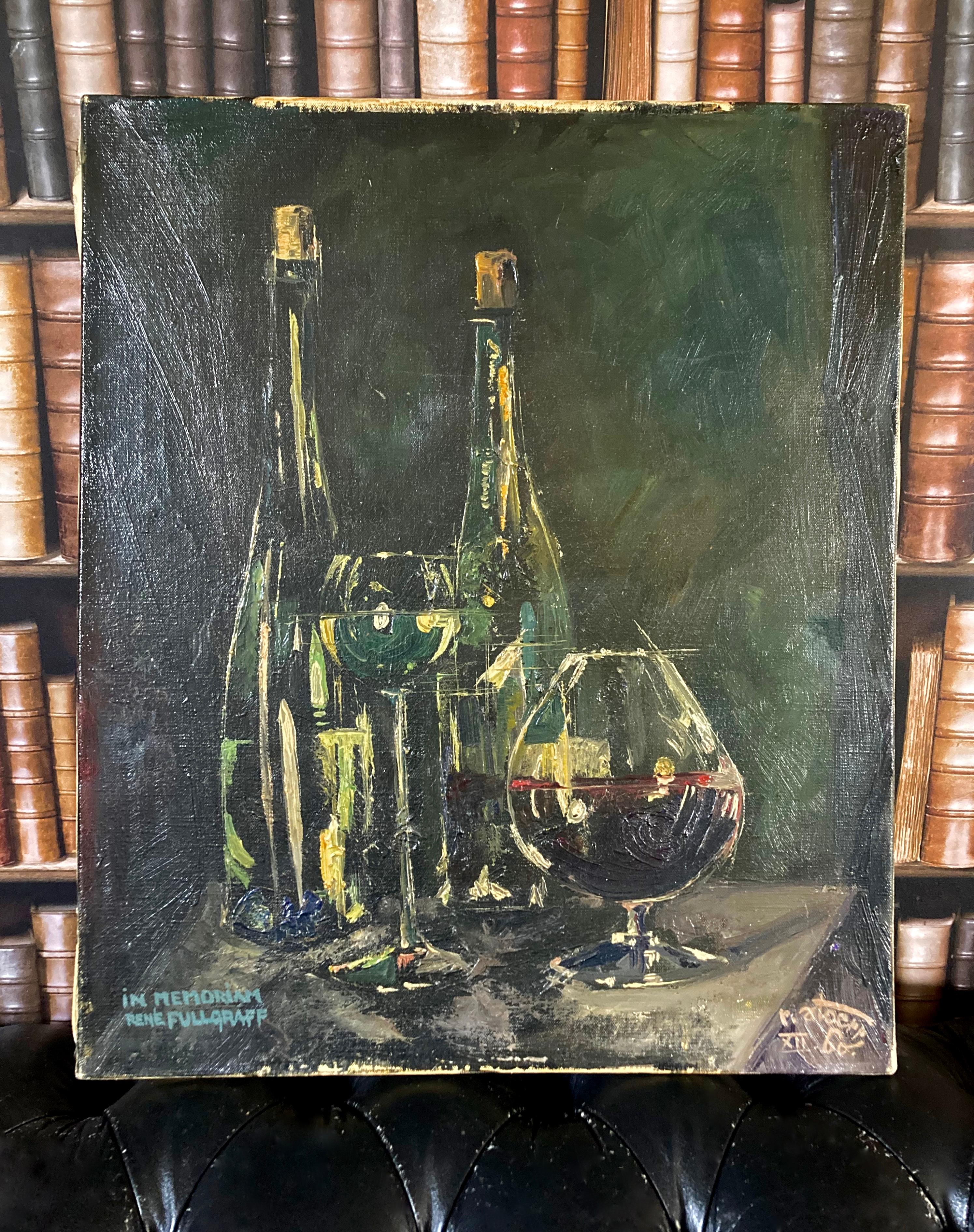 Mid-Century Modern French Original Signed Oil Panting of Wine Still-Life In Good Condition For Sale In COLMAR, FR