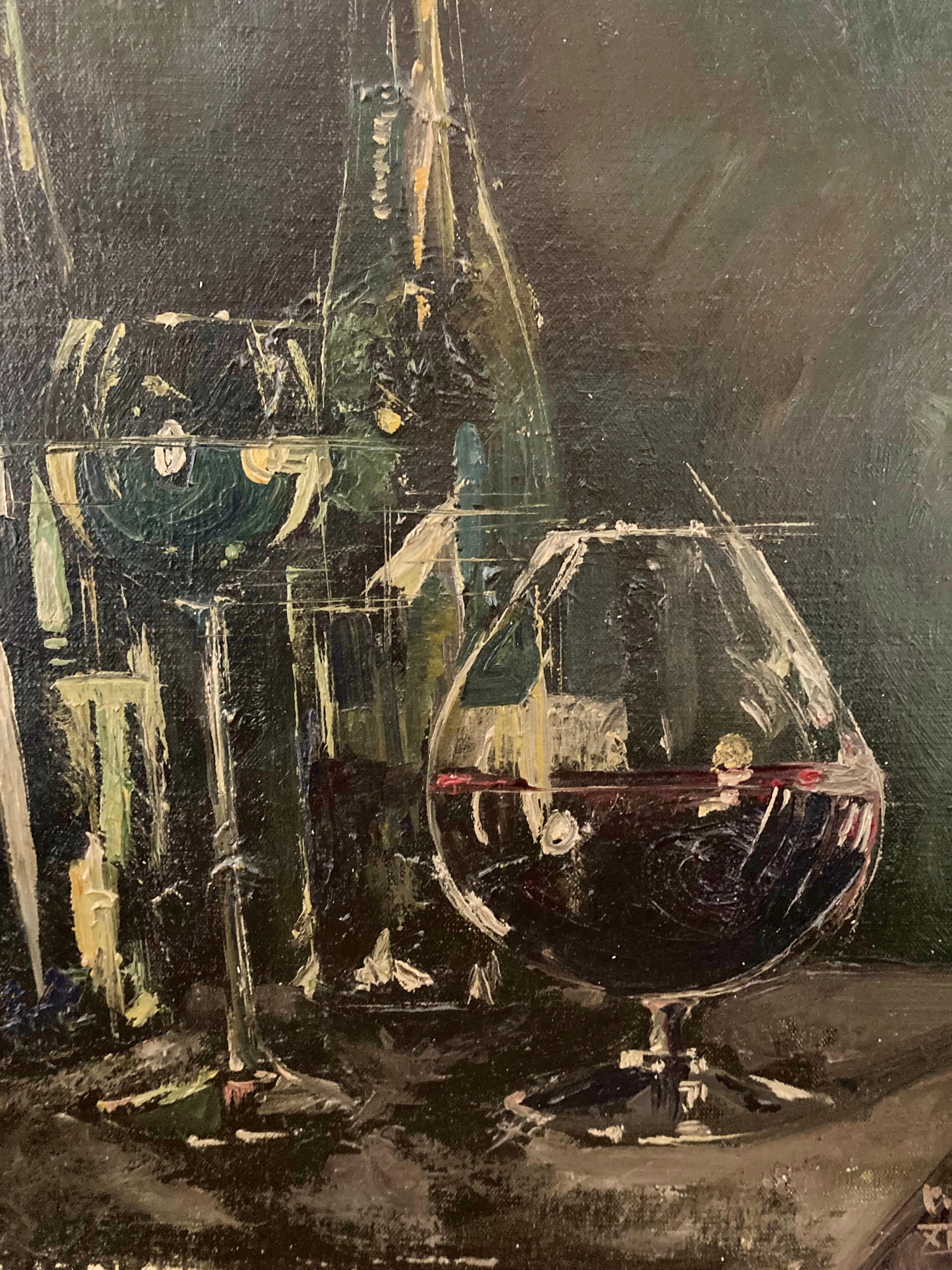 Canvas Mid-Century Modern French Original Signed Oil Panting of Wine Still-Life For Sale