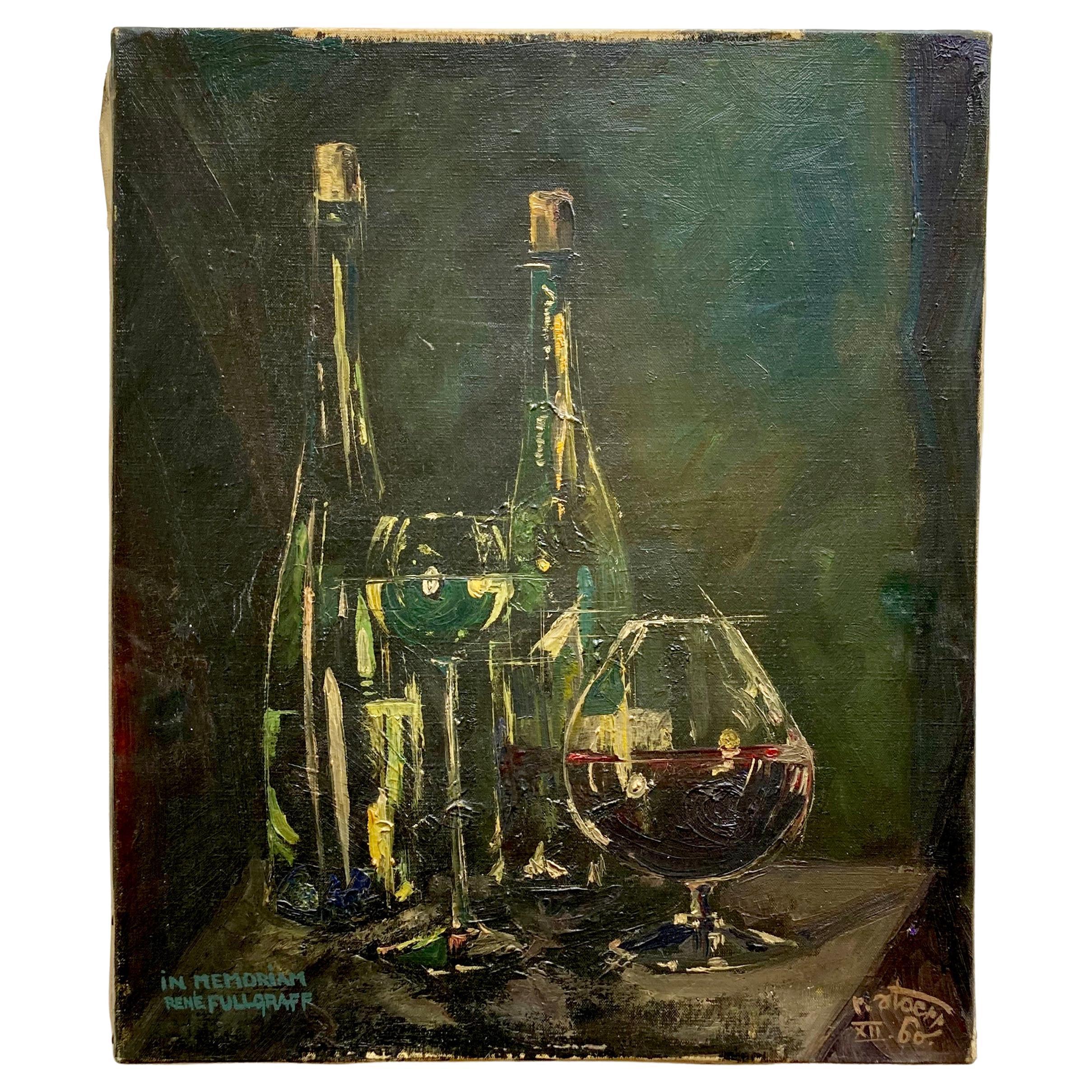 Mid-Century Modern French Original Signed Oil Panting of Wine Still-Life For Sale