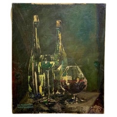 Vintage Mid-Century Modern French Original Signed Oil Panting of Wine Still-Life