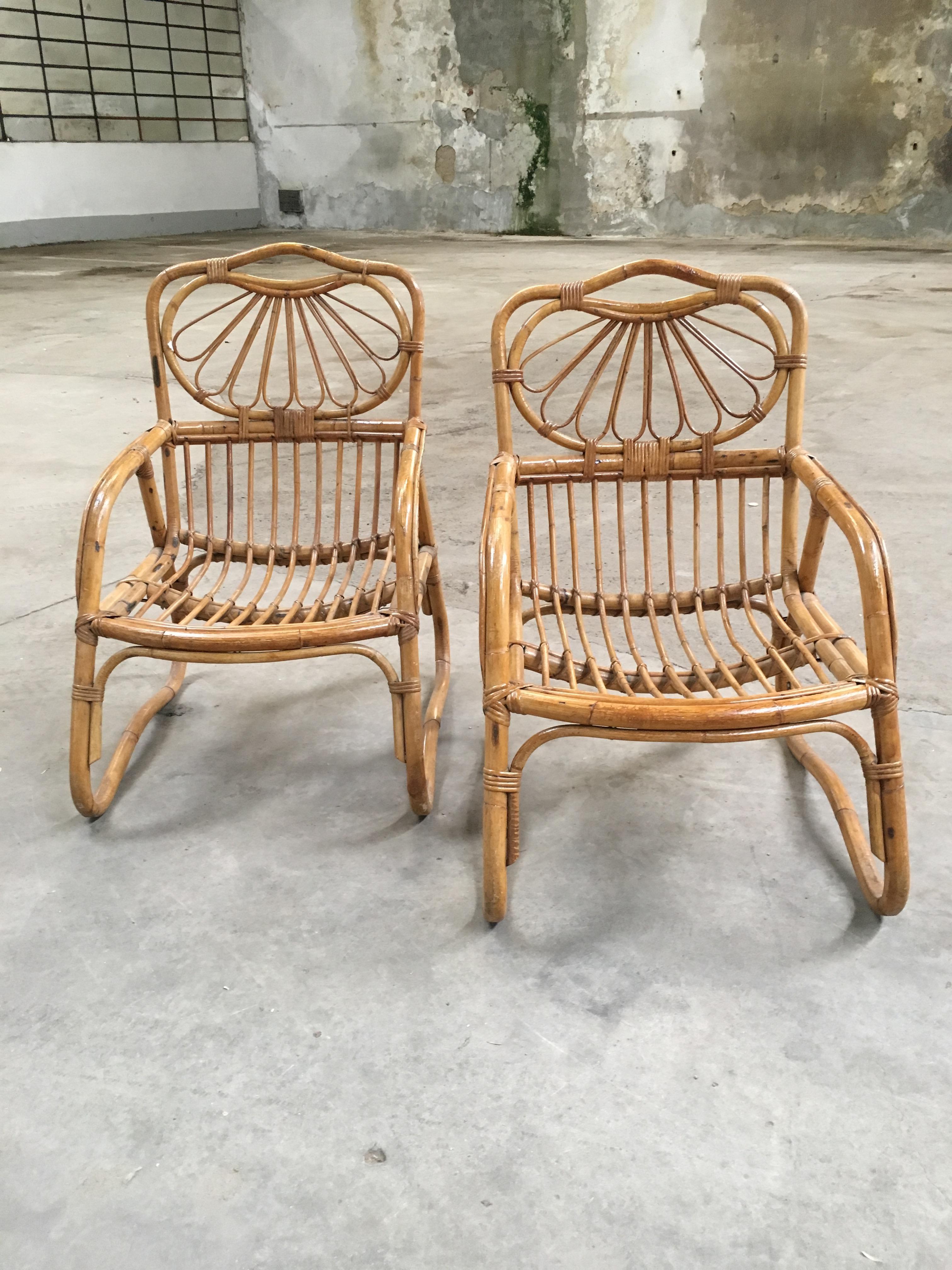 Mid-Century Modern Paire de fauteuils français en bambou et rotin, style mi-siècle moderne, années 1970 en vente