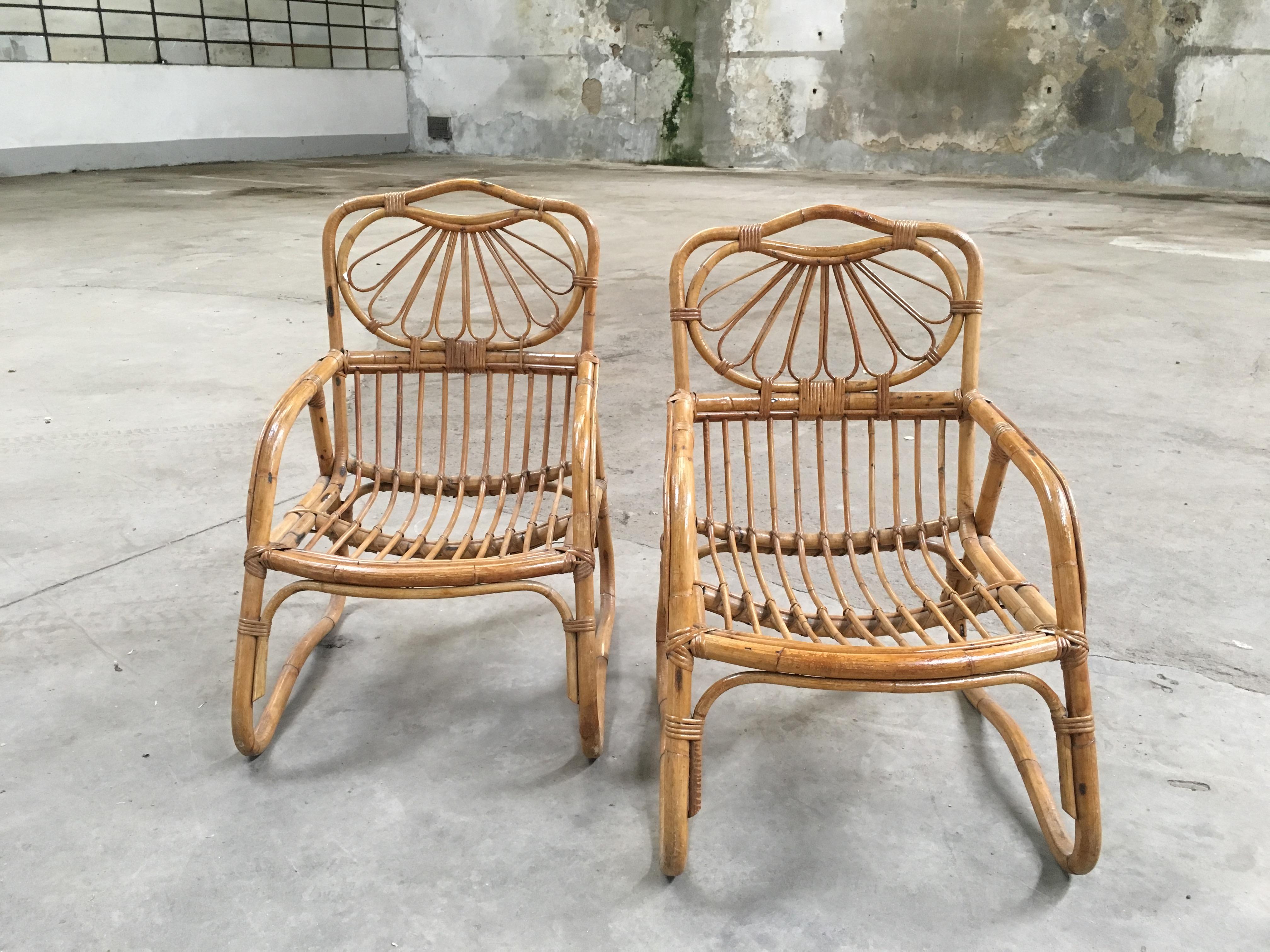 Late 20th Century Mid-Century Modern French Pair of Bamboo and Rattan Armchairs, 1970s For Sale