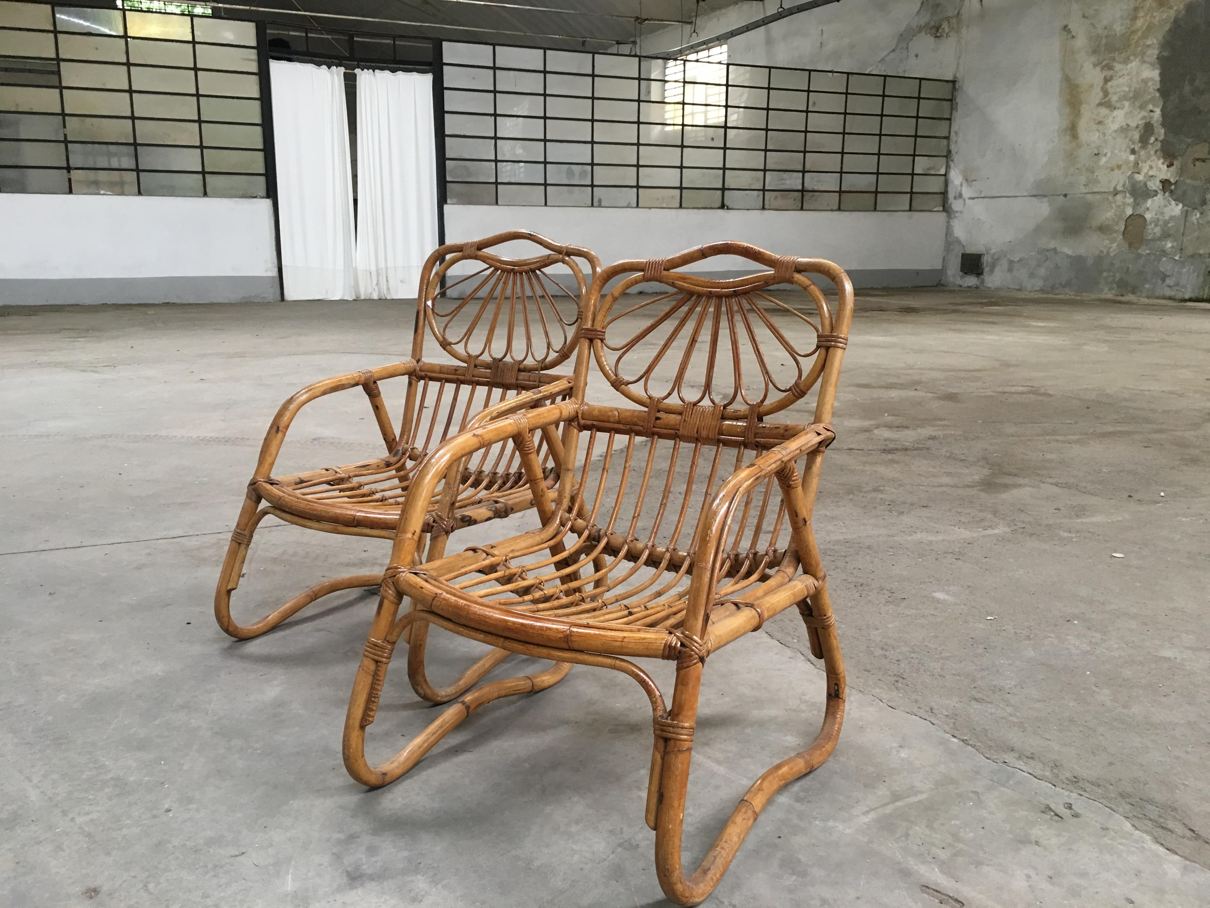Mid-Century Modern French Pair of Bamboo and Rattan Armchairs, 1970s For Sale 1