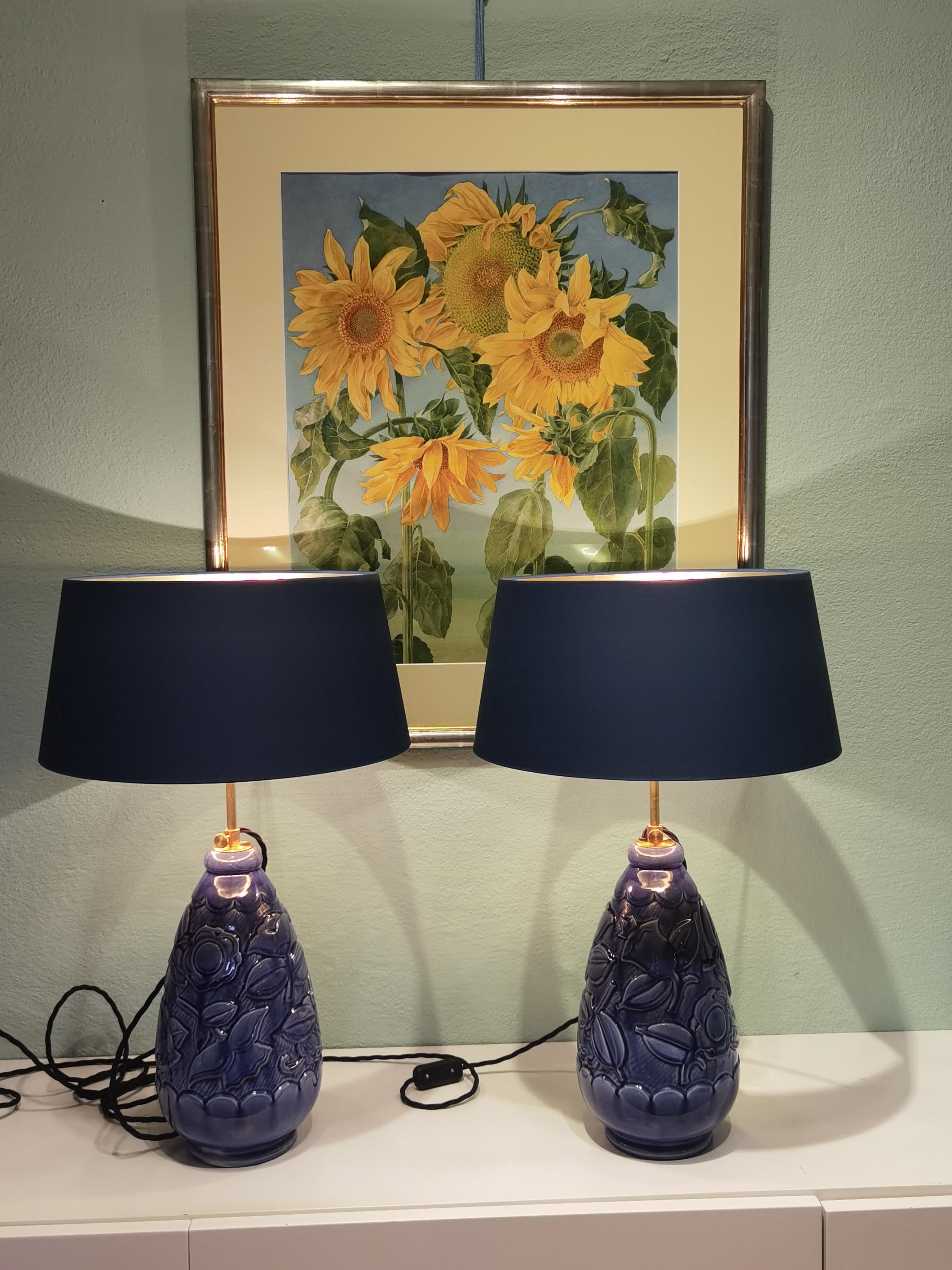 Mid-20th Century Mid-Century Modern French Pair of Table Lamps Blue Pottery St.Lambert