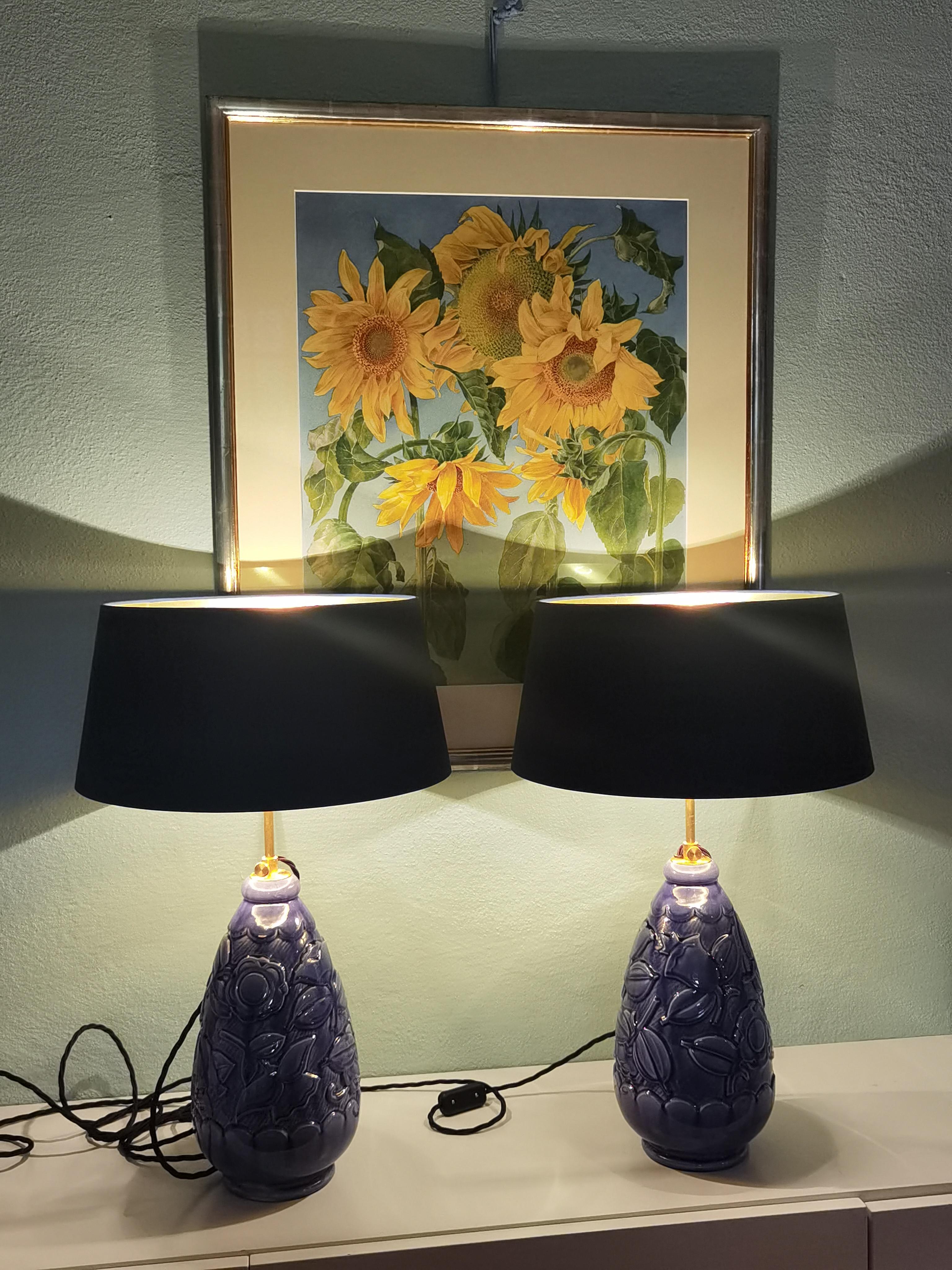 Mid-Century Modern French Pair of Table Lamps Blue Pottery St.Lambert 1