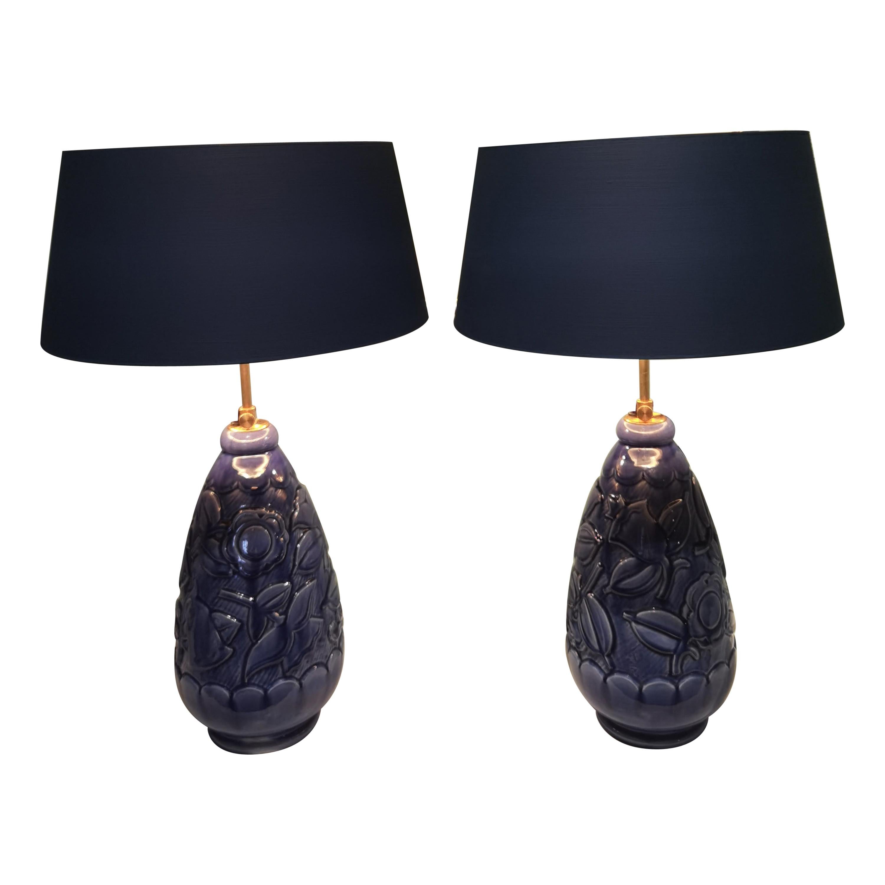 Mid-Century Modern French Pair of Table Lamps Blue Pottery St.Lambert
