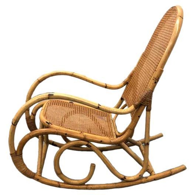 MidCentury Modern French Rattan and Caned Rocking Chair For Sale at